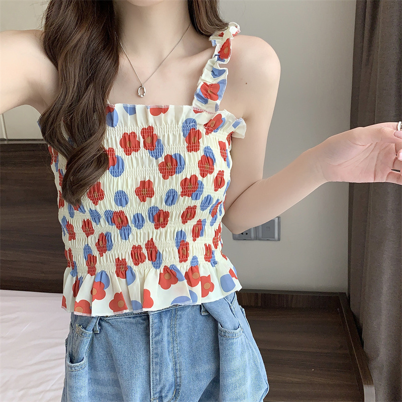 Women Ruffled Tank Top Summer Sweet Floral Printing Slim Fit Vest Trendy Casual Backless Sleeveless Tops Red flowers One size fits all
