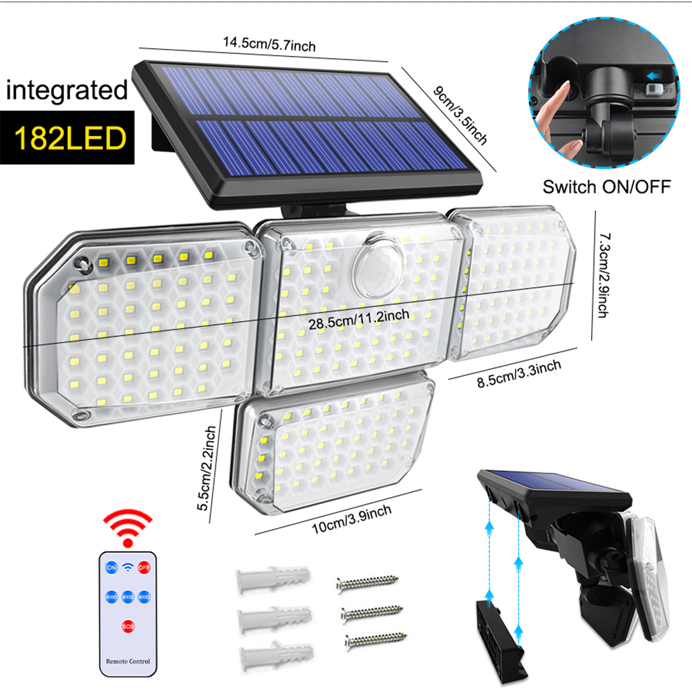 182led Solar Lights With Adjustable Head Ip65 Waterproof 3 Working Modes Wall Lamp Solar Lamp  182 lights