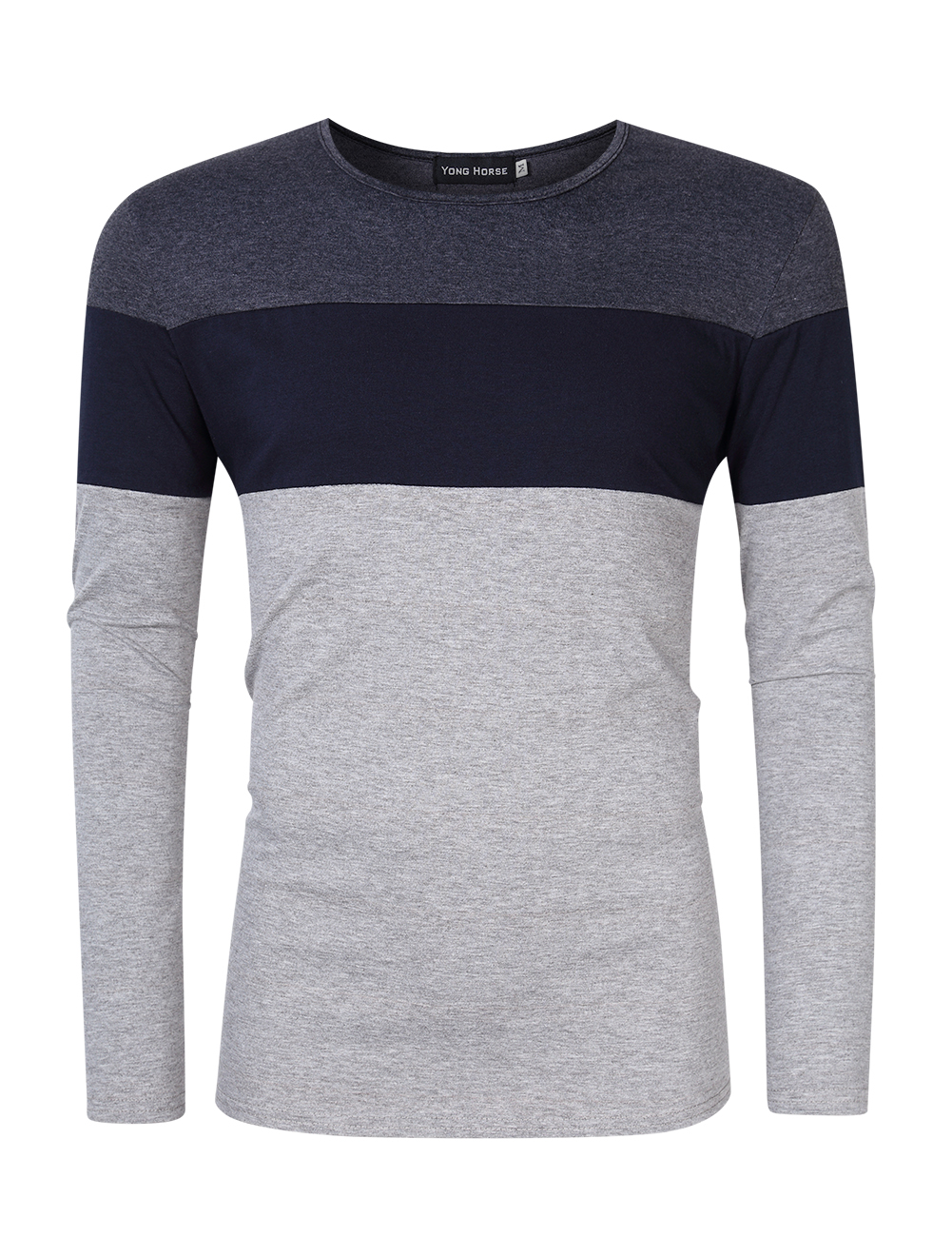 US Yong Horse Men's Color Block Slim Fit Crew Neck Long Sleeve Basic Cotton T-Shirt