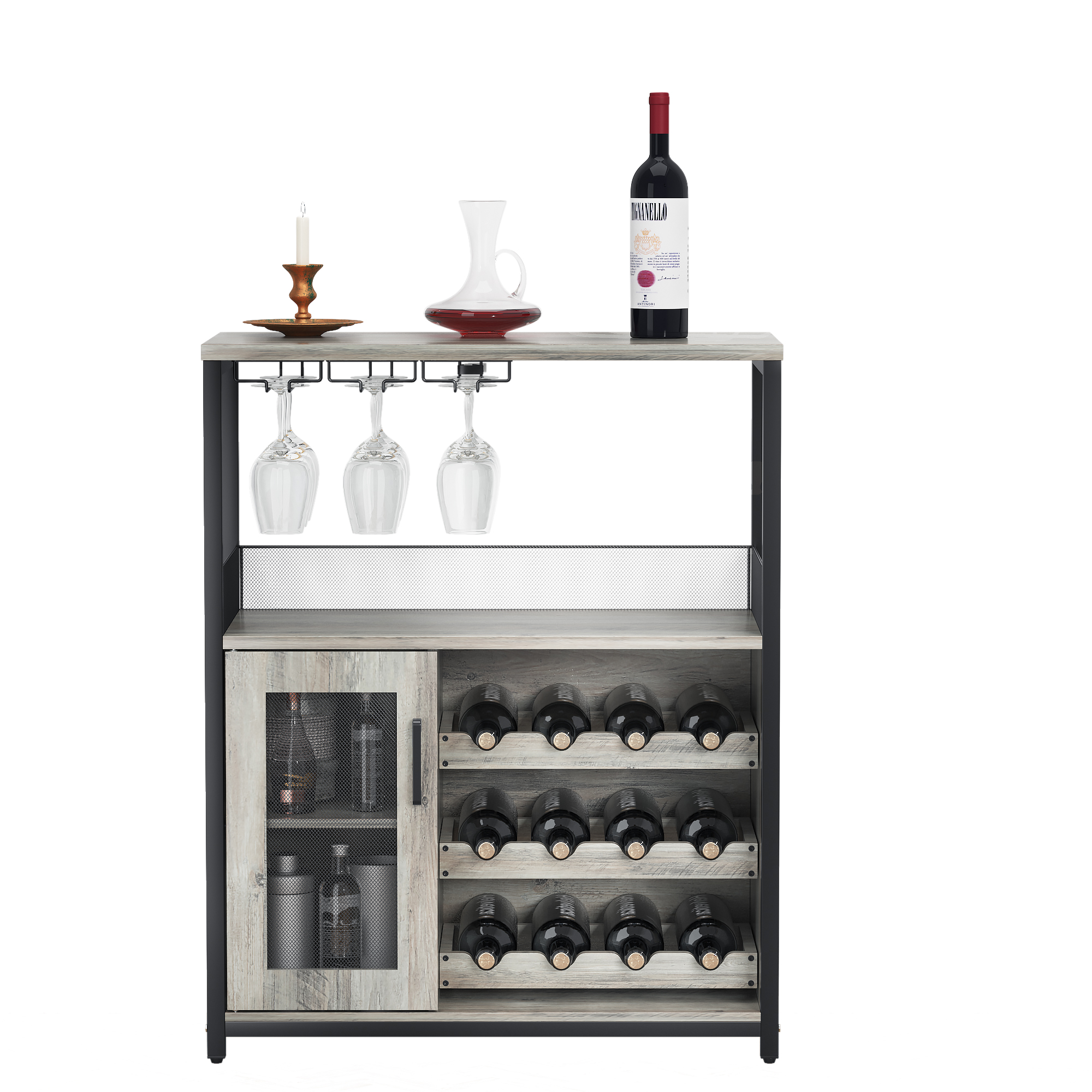 US GARVEE Large Storage Wine Cabinet with Detachable Rack & Mesh Door, Grey