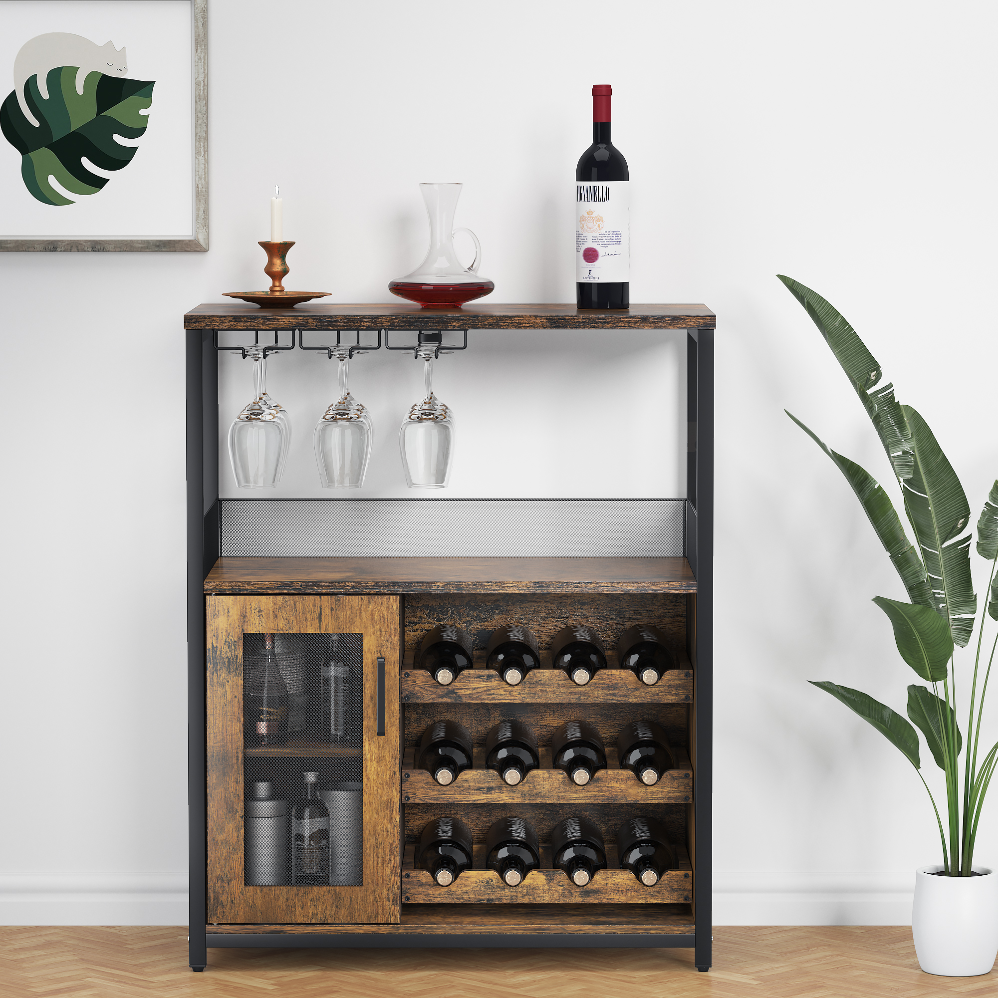 US GARVEE Large Storage Wine Cabinet with Detachable Rack & Mesh Door, Grey - Rustic Brown
