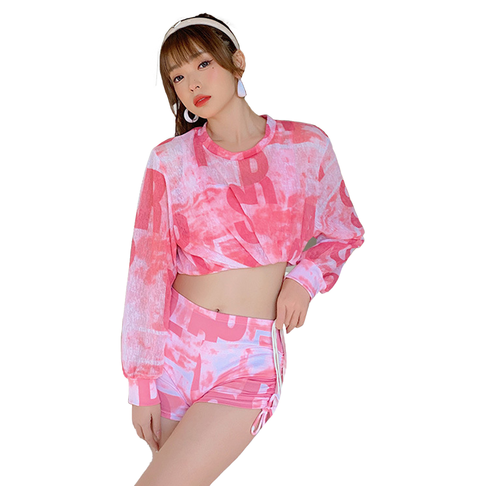 3pcs Women Split Swimsuit Cute Printing Sleeveless Tops Shorts Bikini Set With Long Sleeves Sunscreen Cover-up 039928 pink M