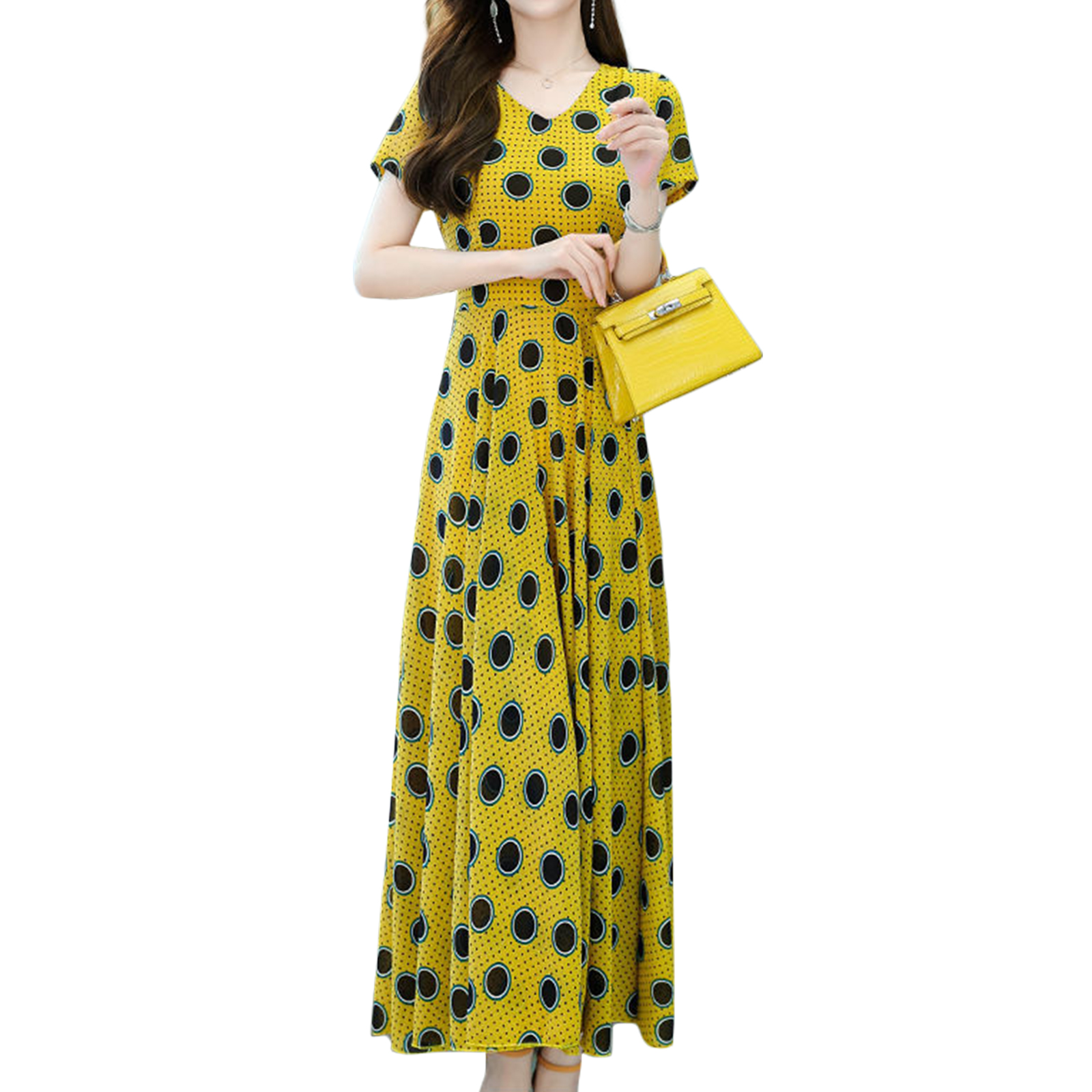 Women V-neck Short Sleeves Dress Polka Dot Printing Slimming A-line Skirt Elegant Beach Dress yellow M