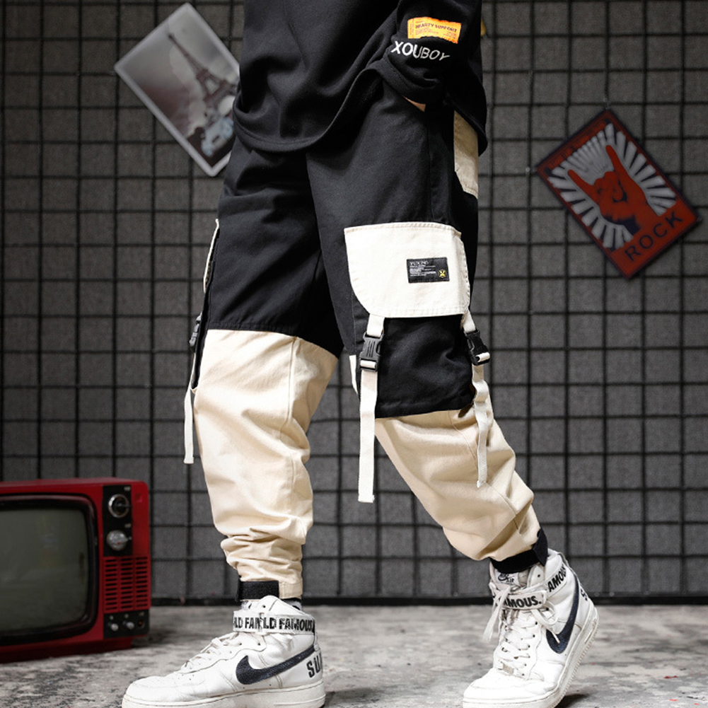 Wholesale Men Pockets Retro Contrast Color Cargo Pants Patchwork