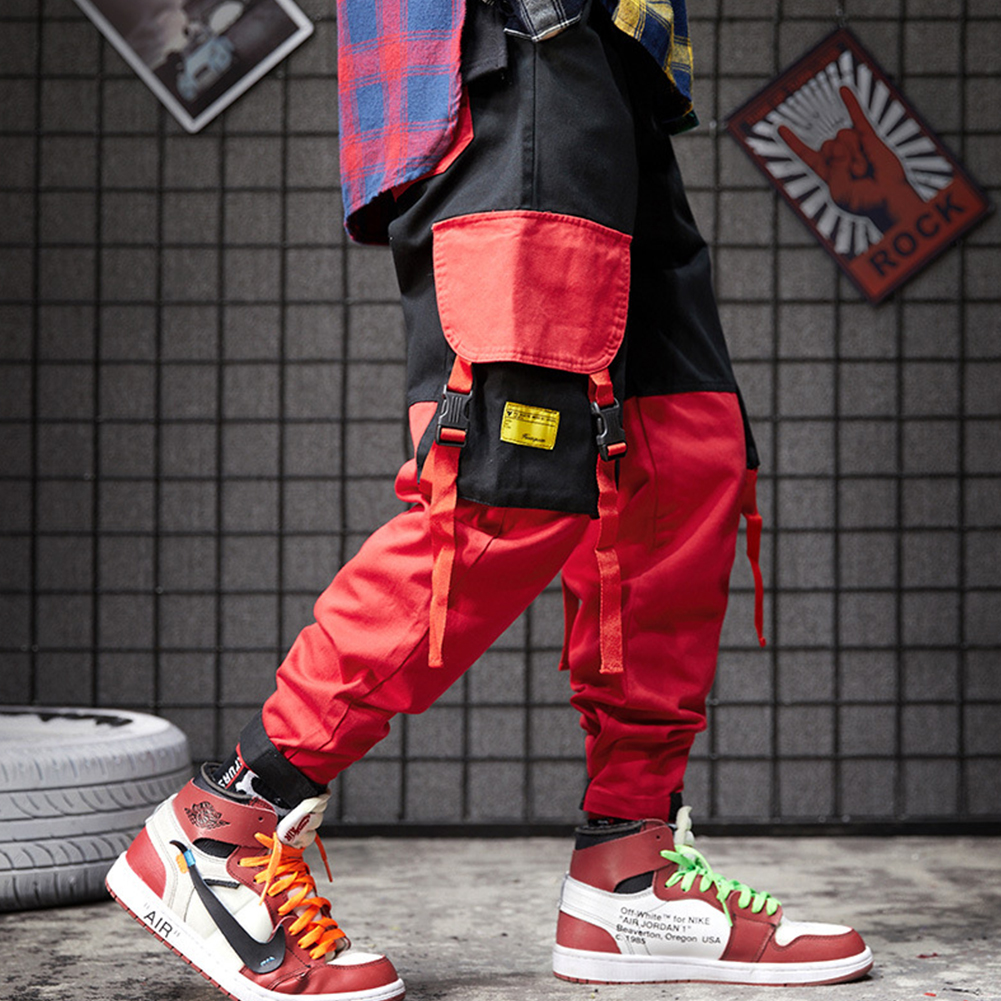 Wholesale Men Pockets Retro Contrast Color Cargo Pants Patchwork