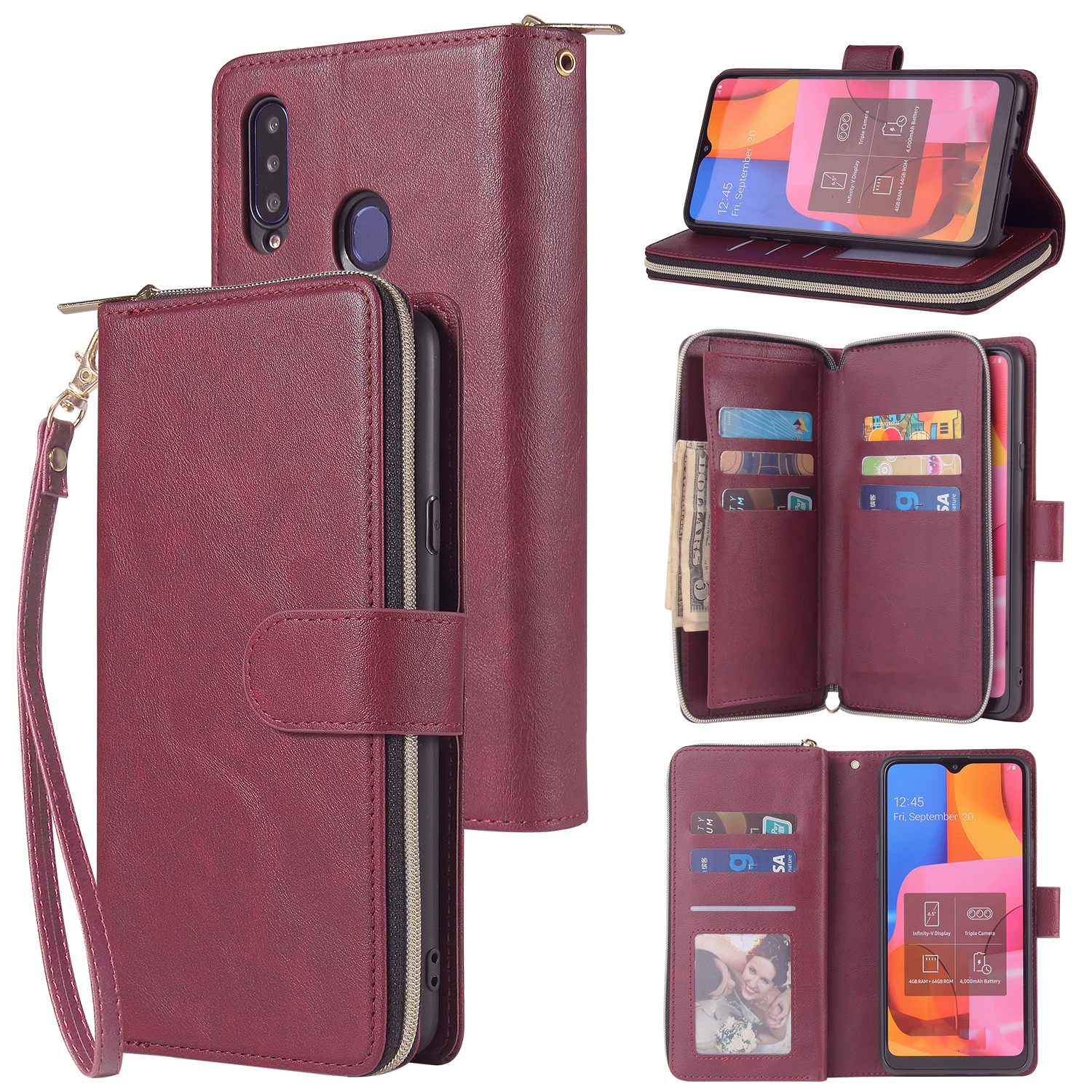 For Samsung A10/A20/A30/A50/A30S/A50S Pu Leather Mobile Phone Cover Zipper Card Bag + Wrist Strap Red wine