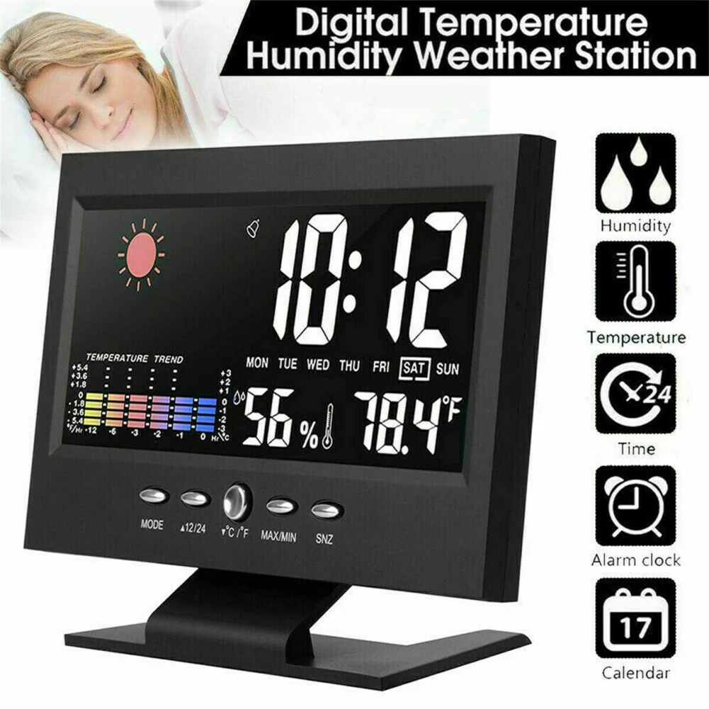 Clock Radio, Alarm Clock With Large Color Voice Controlled Touch Screen, USB Cable, Humidity Test, 5-in-1 Meteorological Station For Bedroom, Living Room Black with USB cable