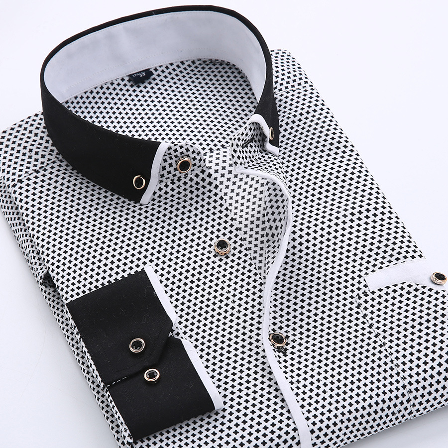 Men Long Sleeves T-shirt Business Lapel Slim Fit Cardigan Tops Casual Polka Dot Printing Shirt XS15 45/5XL
