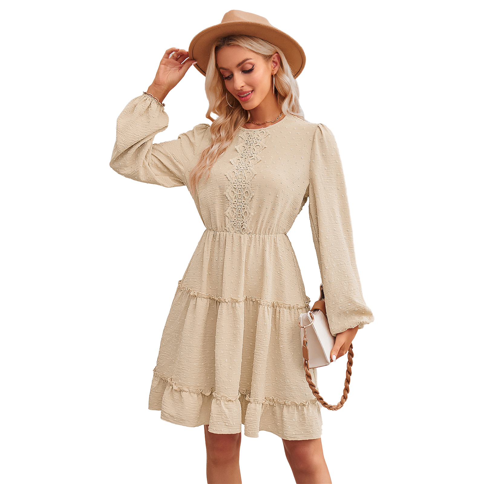 Women Long Sleeves Dress Summer Round Neck Slimming A-line Skirt Simple Solid Color Elegant Short Dress dark apricot L