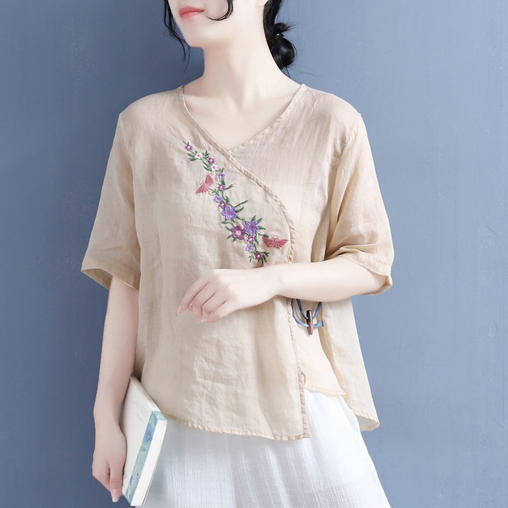 Women Short Sleeves T-shirt Retro Floral Embroidery Cotton Linen Blouse Summer Loose Casual Pullover Tops apricot 3XL