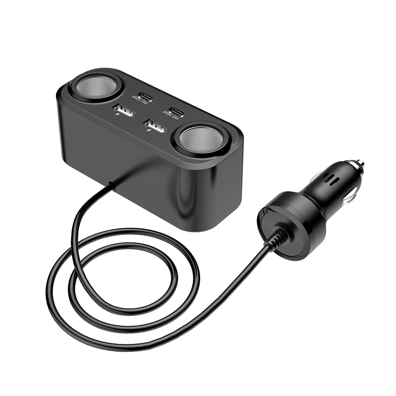 1 To 6 Car Charger Adapter 2 Type C 2 USB A 2 Lighter Sockets Ports PD+QC Fast Car Charger For Laptops Smartphones Power Bank black