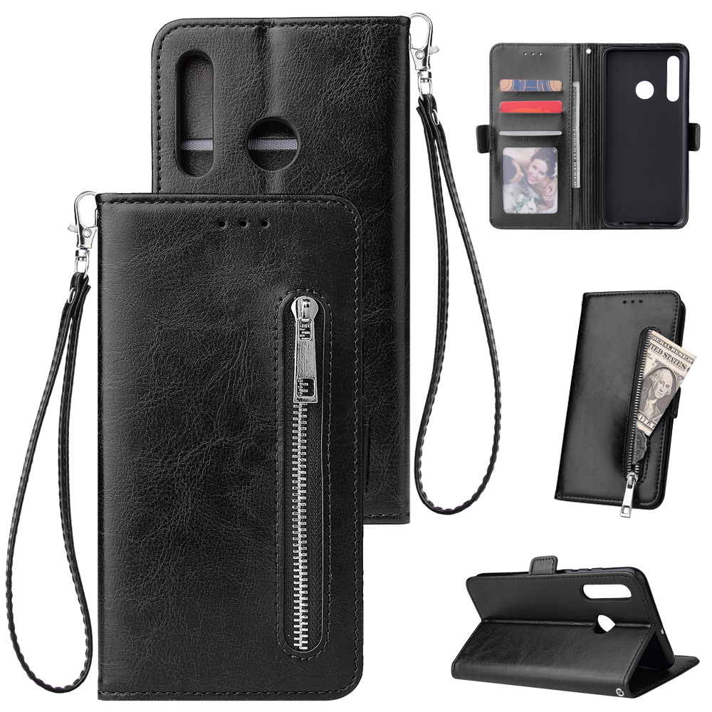 For Huawei Enjoy 9-Y7 2019-Y7 PRIME 2019 with fingerprint hole - Y7 PRO 2019 Solid Color PU Leather Zipper Wallet Double Buckle Protective Case with Stand & Lanyard black