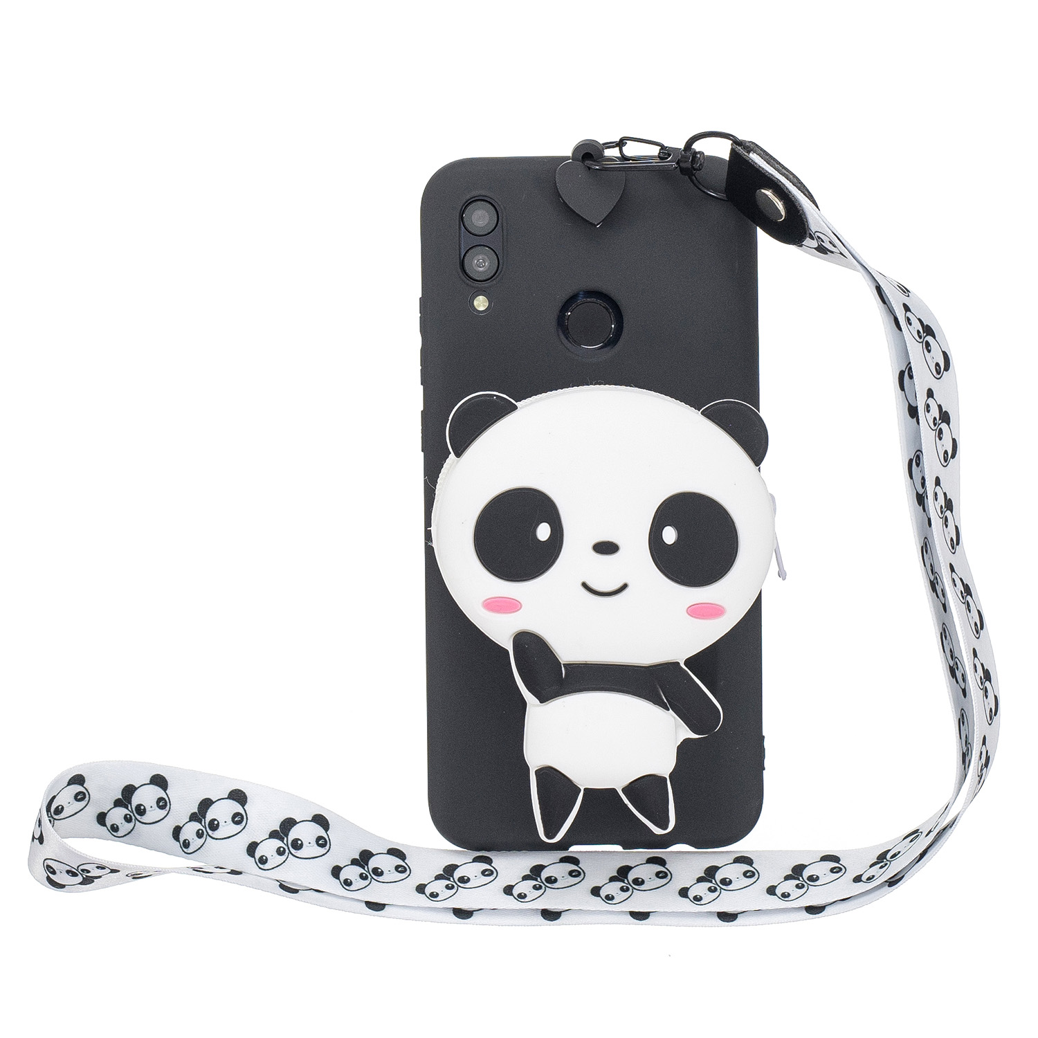 For HUAWEI Y6 2019 Y7 2019 Y9 2019 Cartoon Full Protective TPU Mobile Phone Cover with Mini Coin Purse+Cartoon Hanging Lanyard 4 black pandas