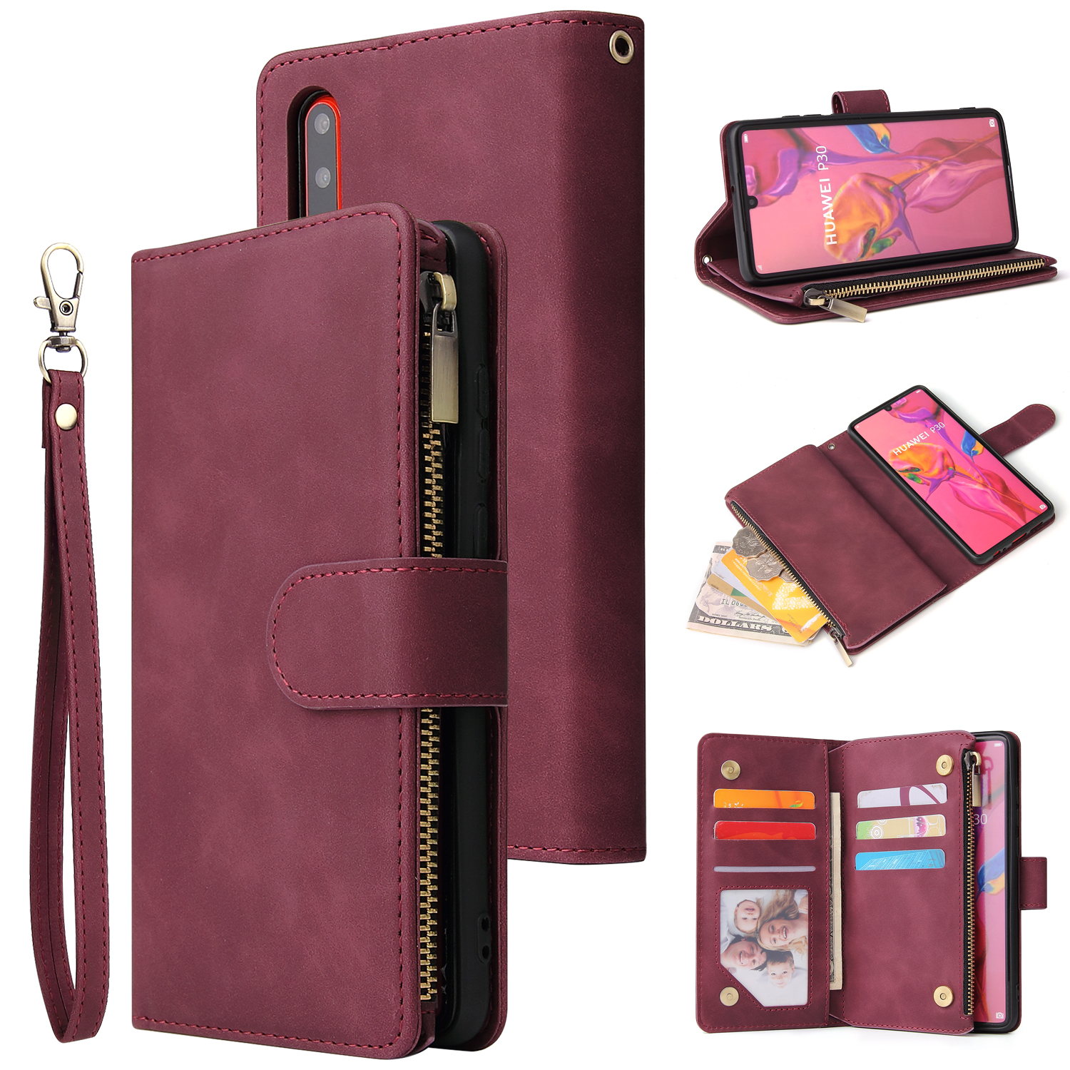 For HUAWEI P30 HUAWEI P30 lite HUAWEI P30 pro Multi-card Bracket Coin Wallet Zipper Mobile Phone PU Leather Phone Case  5 wine red