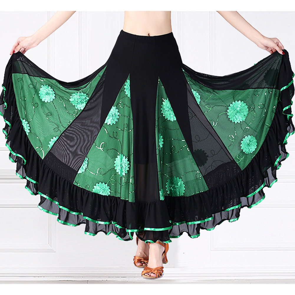 Women Dance Skirts Modern Waltz Standard Ballroom Dance Large Swing Practice Skirts For Stage Performance green S