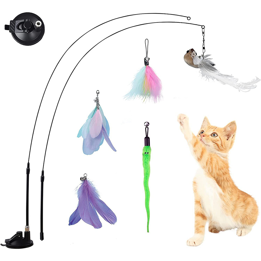 Cat Teaser Stick Set With Suction Cup Bells Feathers Tassels Cat Wand Toy Pet Supplies For Relieves Boredom 1 bird & 4 feathers