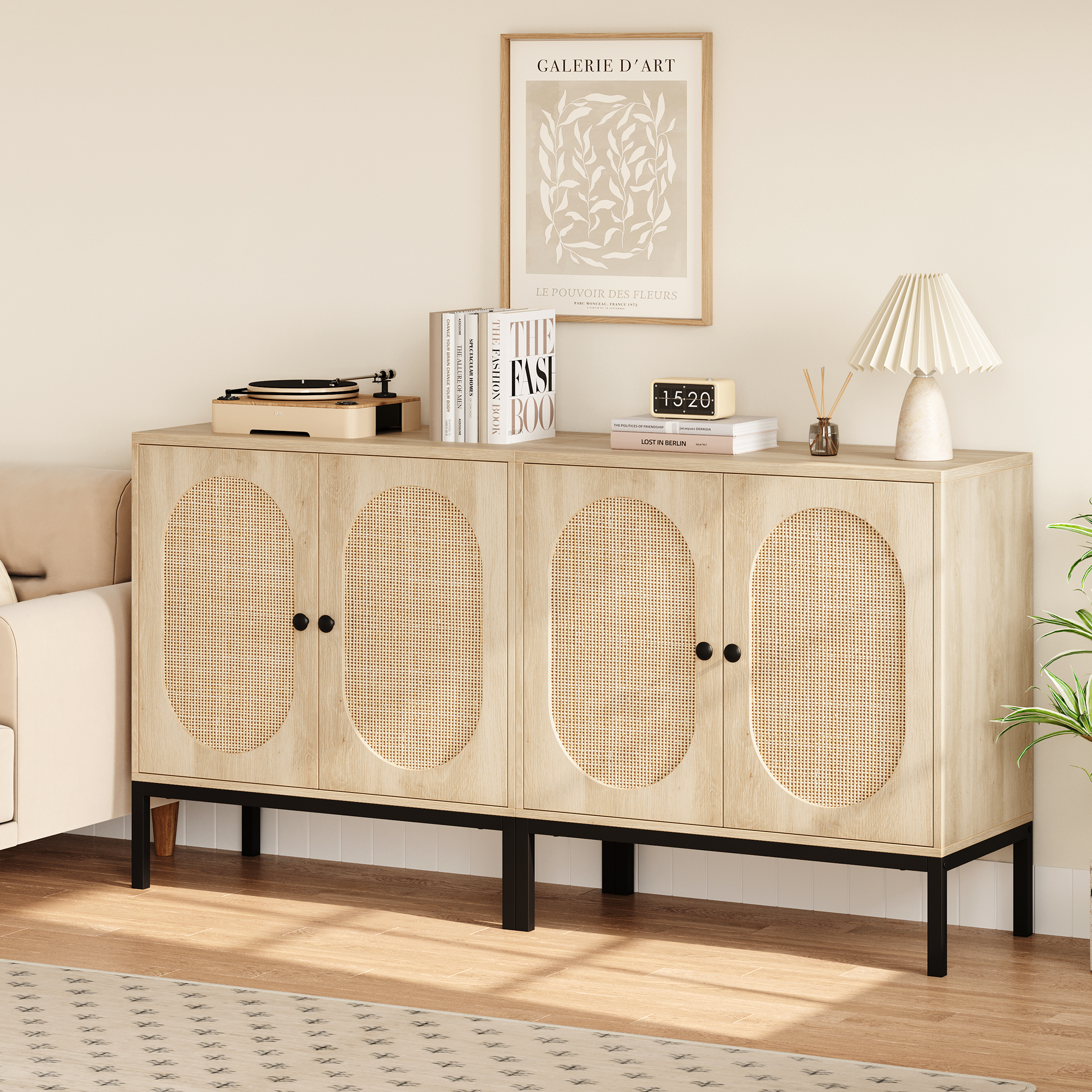 US GARVEE Buffet Cabinet with Rattan Doors and Shelves, Wood Console Cabinet, Adjustable Shelves, Metal Handles, 29” L x 16” W x 34.6” H, Ideal for Living Room, Dining Room, Hallway