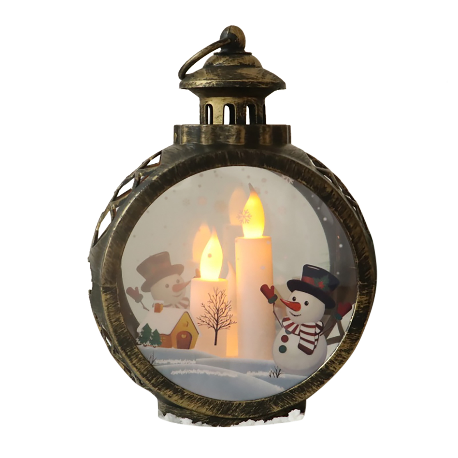 23cm Christmas Hanging LED Glowing Lantern With Santa Candles Battery Powered Night Light Christmas Gift For Indoor Outdoor Decoration snowman bronze