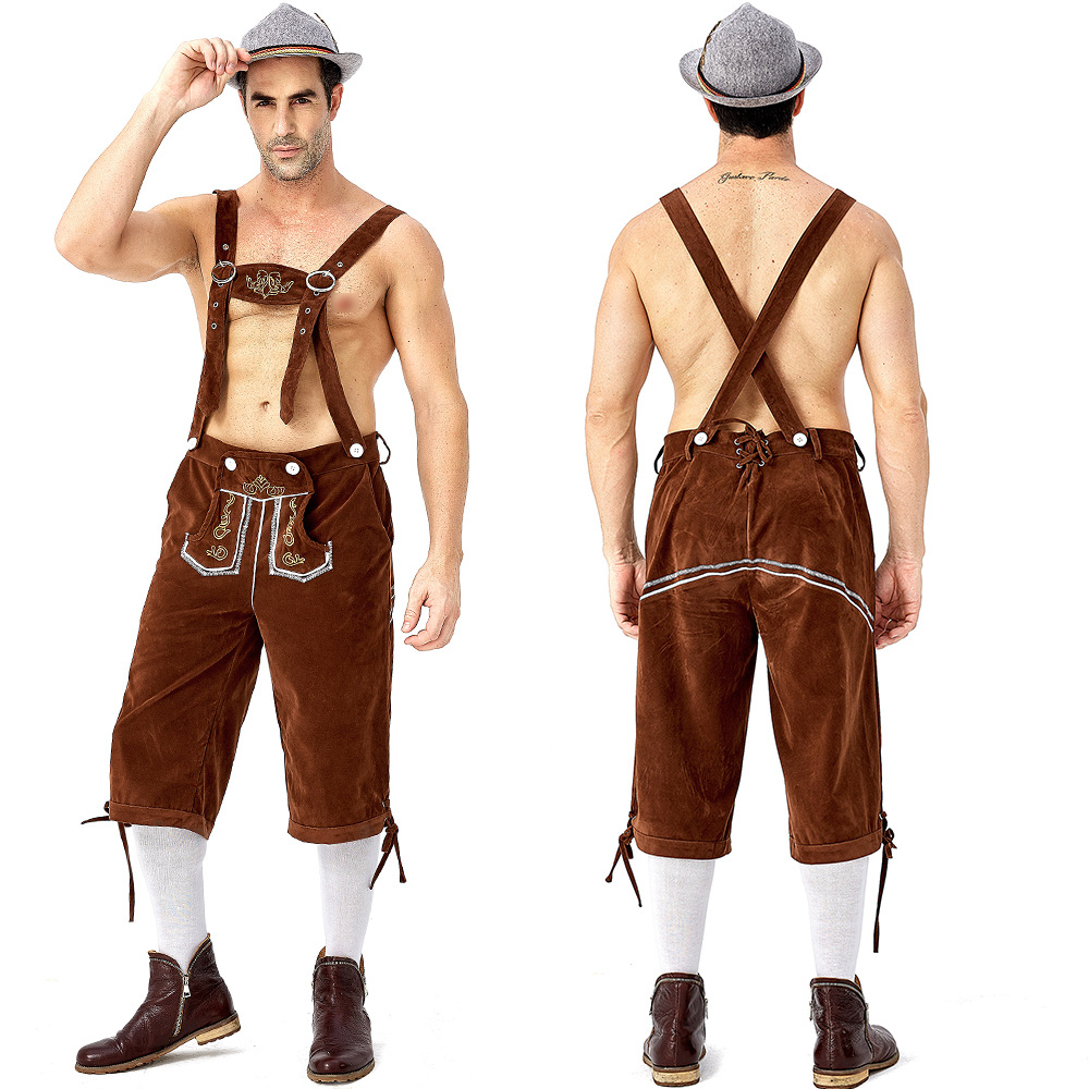 Men Embroidery Suspender Pants Plaid Shirts for Cosplay Party Festival