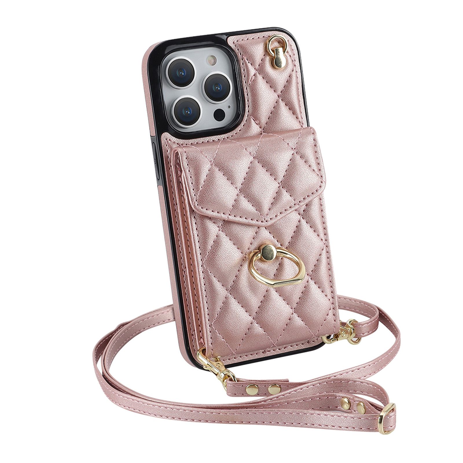 Phone Case With Adjustable Ring Holder Lanyard Wallet Bag Phone Case Protective Shockproof Leather Case