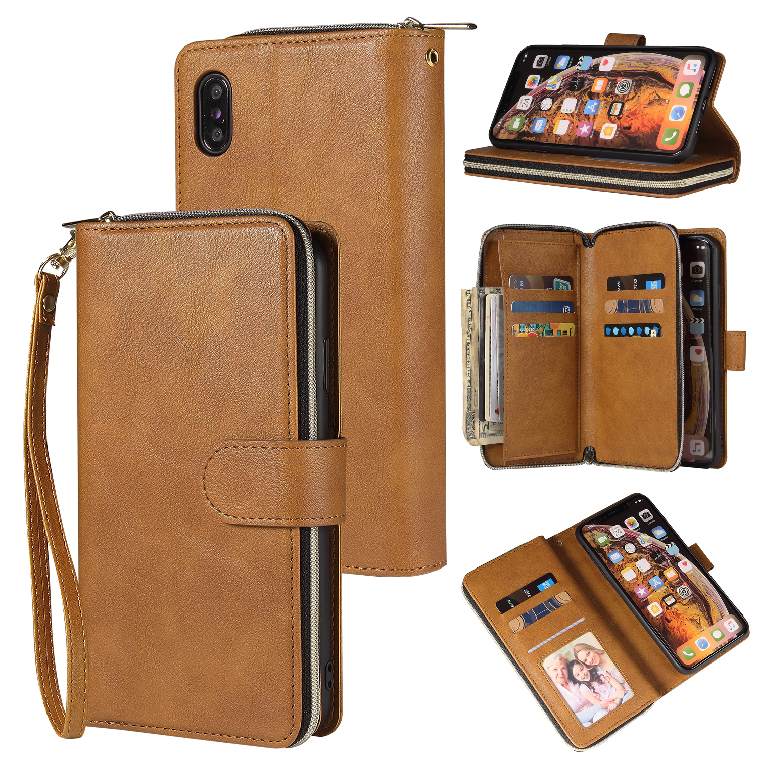 For iphone X/XS/XS MAX/11/11Pro Pu Leather  Mobile Phone Cover Zipper Card Bag + Wrist Strap brown