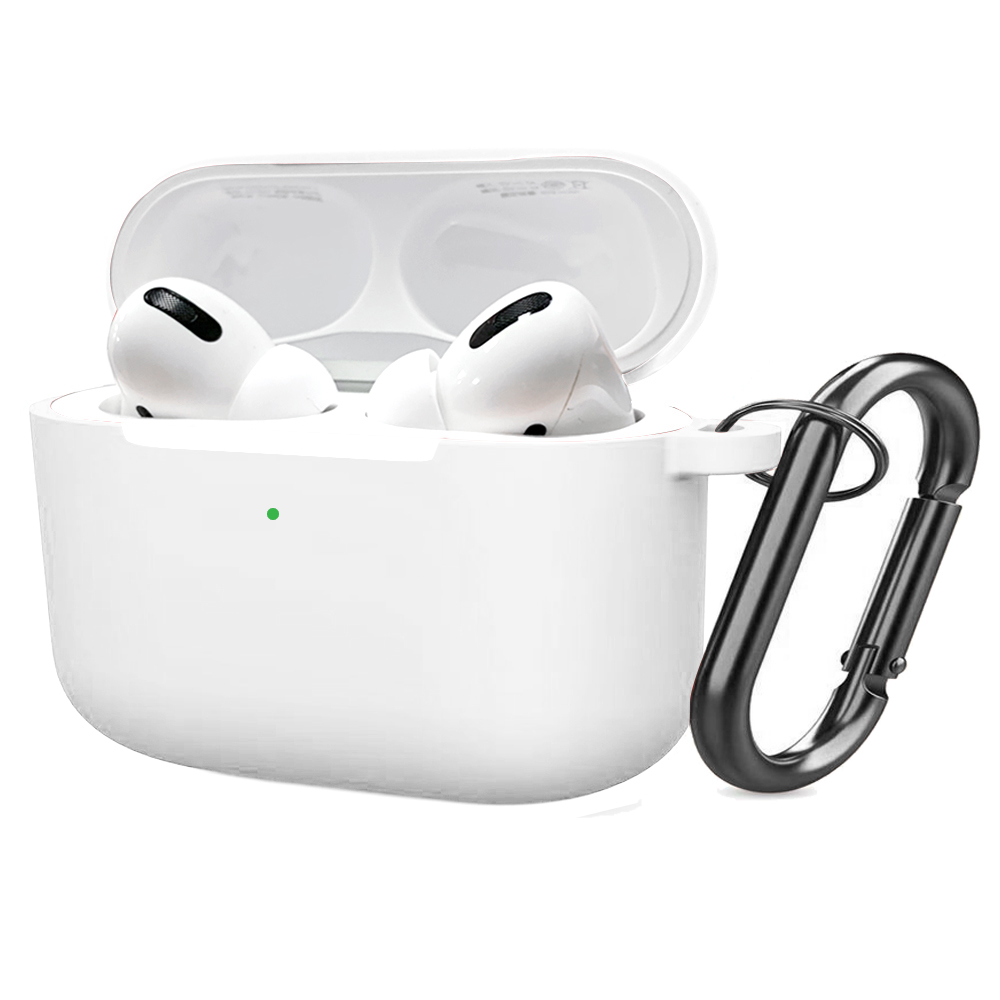 Soft Silicone Case for Airpods Pro Shockproof Hook Protective Bags With Keychain Earbuds Cover white