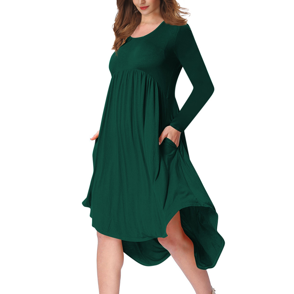 Lady Long Sleeve Irregular Dress Crew Neck Solid Color Over Size Dress with Pockets Dark green_3XL