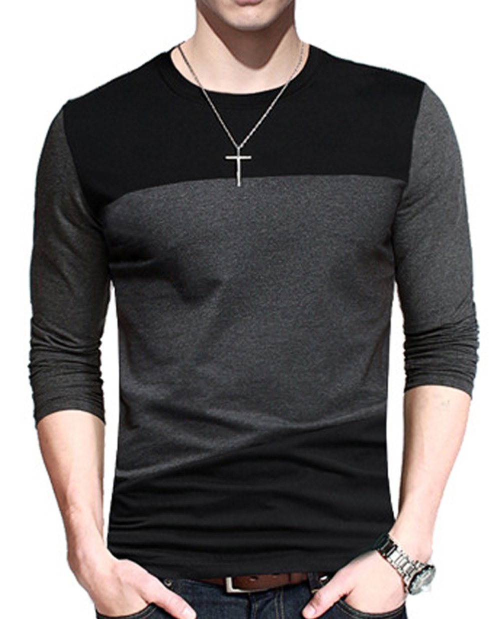 Yong Horse Men's Contrast Color Crew Neck Long Sleeve Basic T-Shirt Top Black-grey_2XL