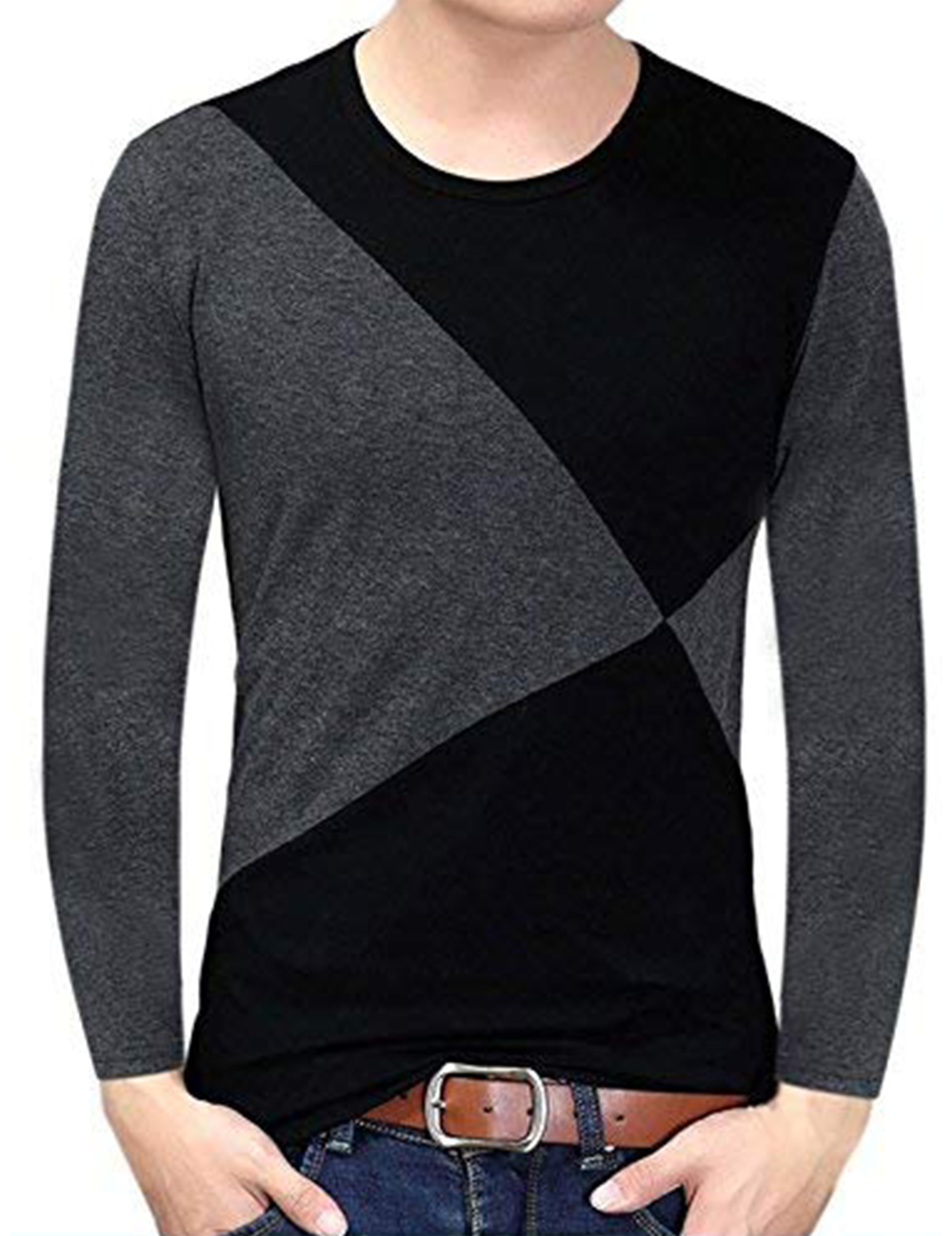 Wholesale Yong Horse Men's Contrast Color Crew Neck Long Sleeve Basic T