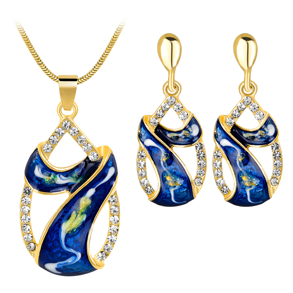 Wholesale Gold Plated Colored Jewelry Set Crystal Waterdrop "7" Oil