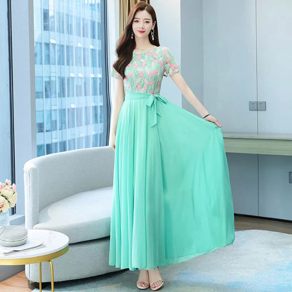 Women Short Sleeves Dress Summer Elegant Contrast Color Round Neck Midi Skirt High Waist Large Swing Dress p03 green L