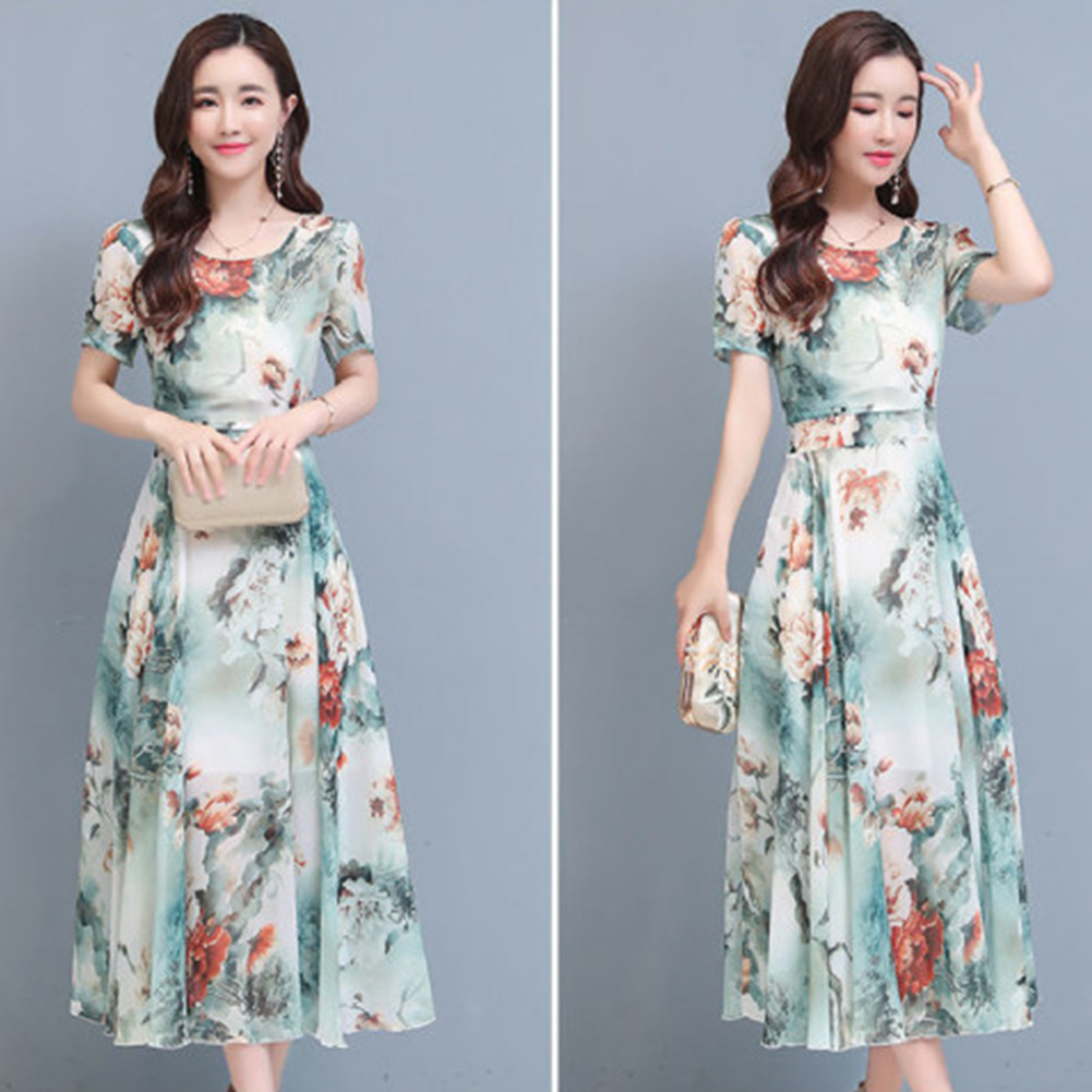 Women Floral Printing Dress Summer Short Sleeves Round Neck Long Skirt High Waist Large Swing Pullover Dress green M