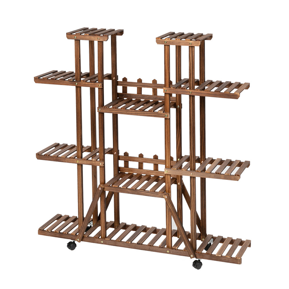 [US Direct] 6-tier 11-base Multifunctional Wood Plant  Stand With Wheel Plant Organizing Rack Wood color