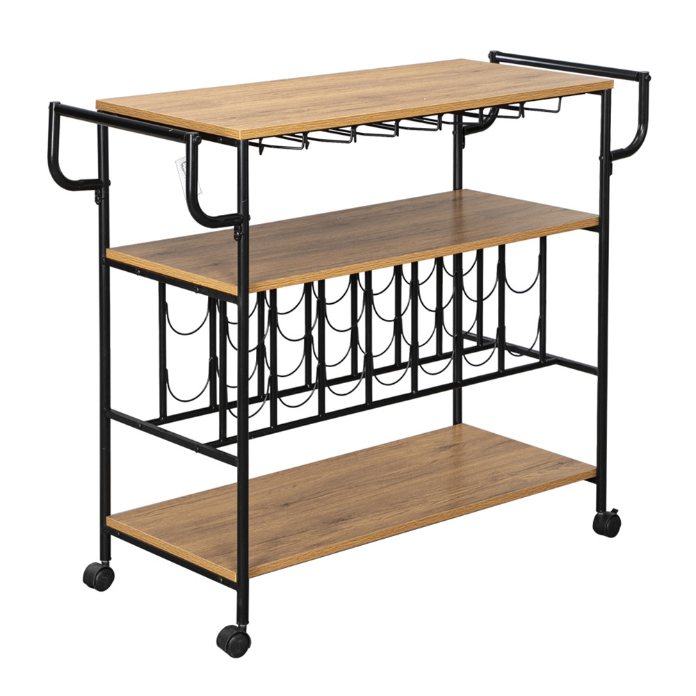 [US Direct] 3 Tier Wine  Rack Cart Kitchen Rolling Storage Bar Wood Table Serving Trolley black