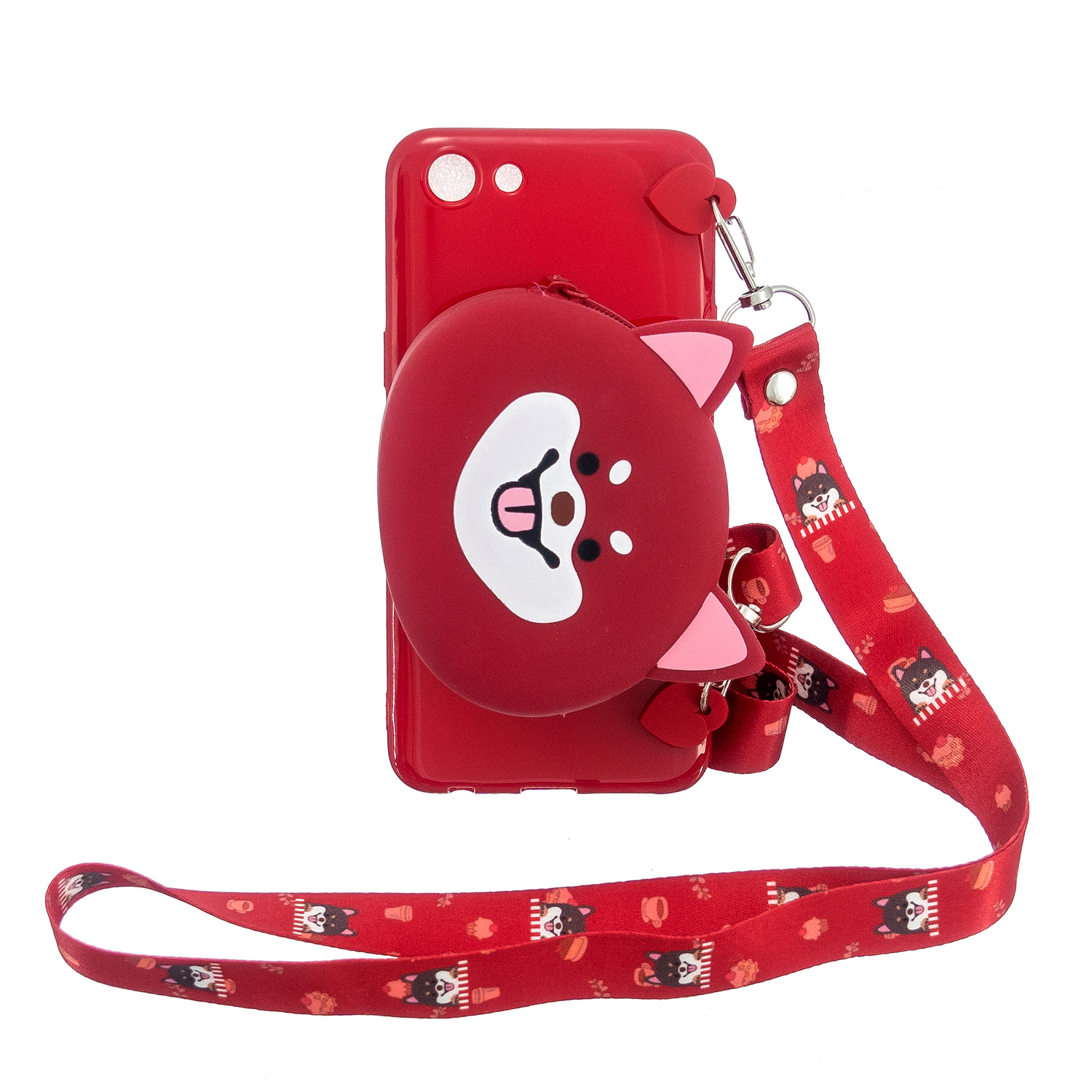 For OPPO A83/A9 2020 Cellphone Case Mobile Phone TPU Shell Shockproof Cover with Cartoon Cat Pig Panda Coin Purse Lovely Shoulder Starp Red