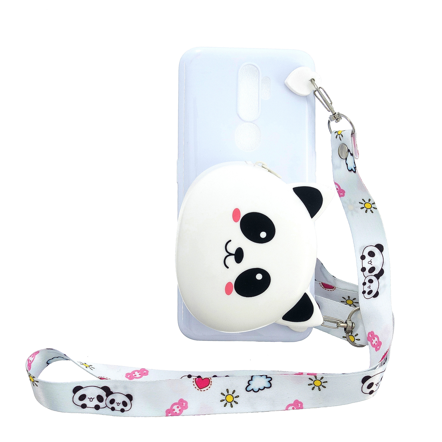 For OPPO A83/A9 2020 Cellphone Case Mobile Phone TPU Shell Shockproof Cover with Cartoon Cat Pig Panda Coin Purse Lovely Shoulder Starp White