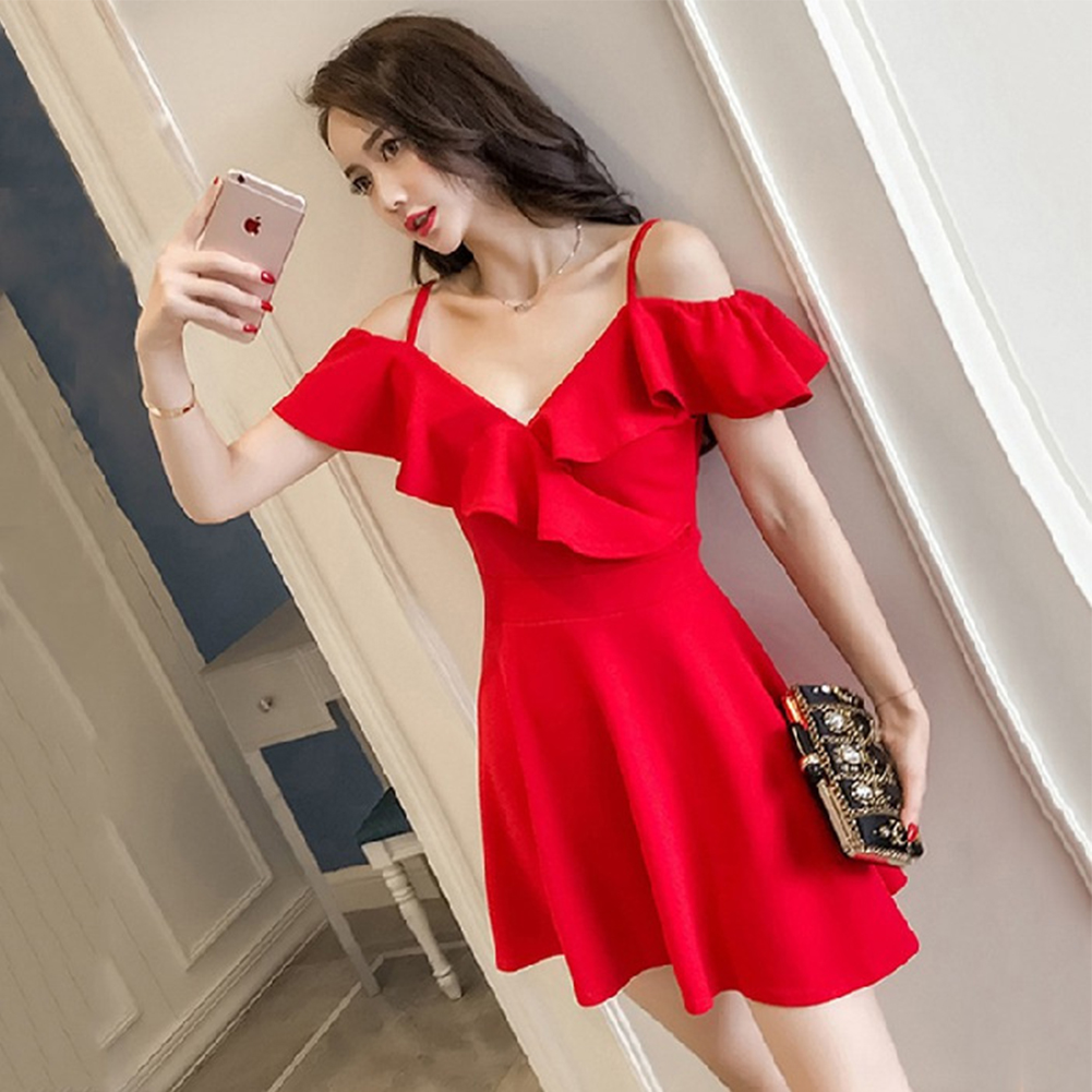 Women Summer V-neck Dress Sexy Off Shoulder High Waist Dress Simple Solid Color Short Sleeves A-line Skirt bright red XL