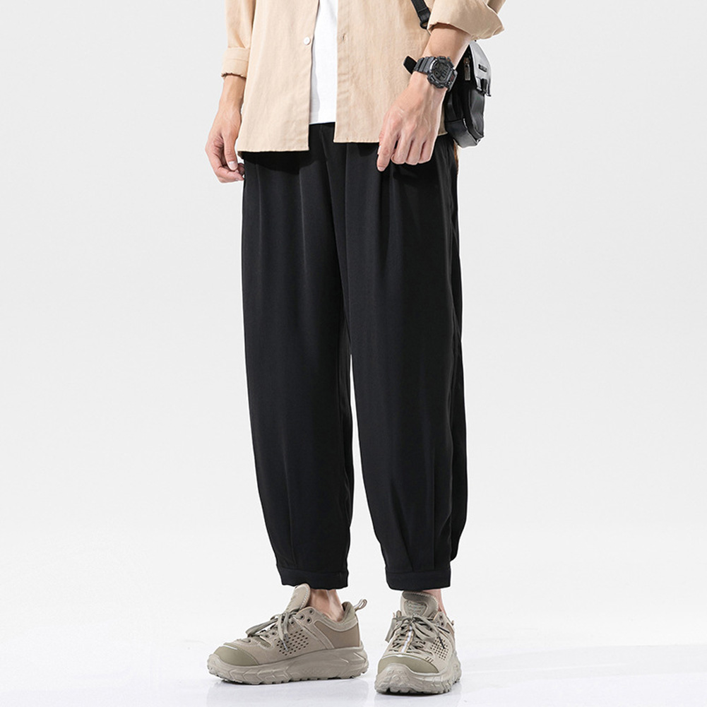 Trendy Men Loose Sports Pants Summer Thin Ethnic Style Solid Color Pants Casual Straight Wide-leg Trousers black 3XL