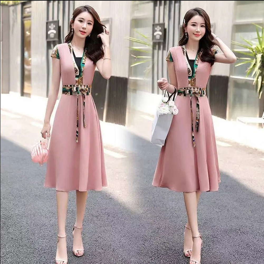 Women V Neck Dress Summer Short Sleeves Trendy Printing Contrast Color A-line Skirt Casual Large Size Midi Skirt Pink L