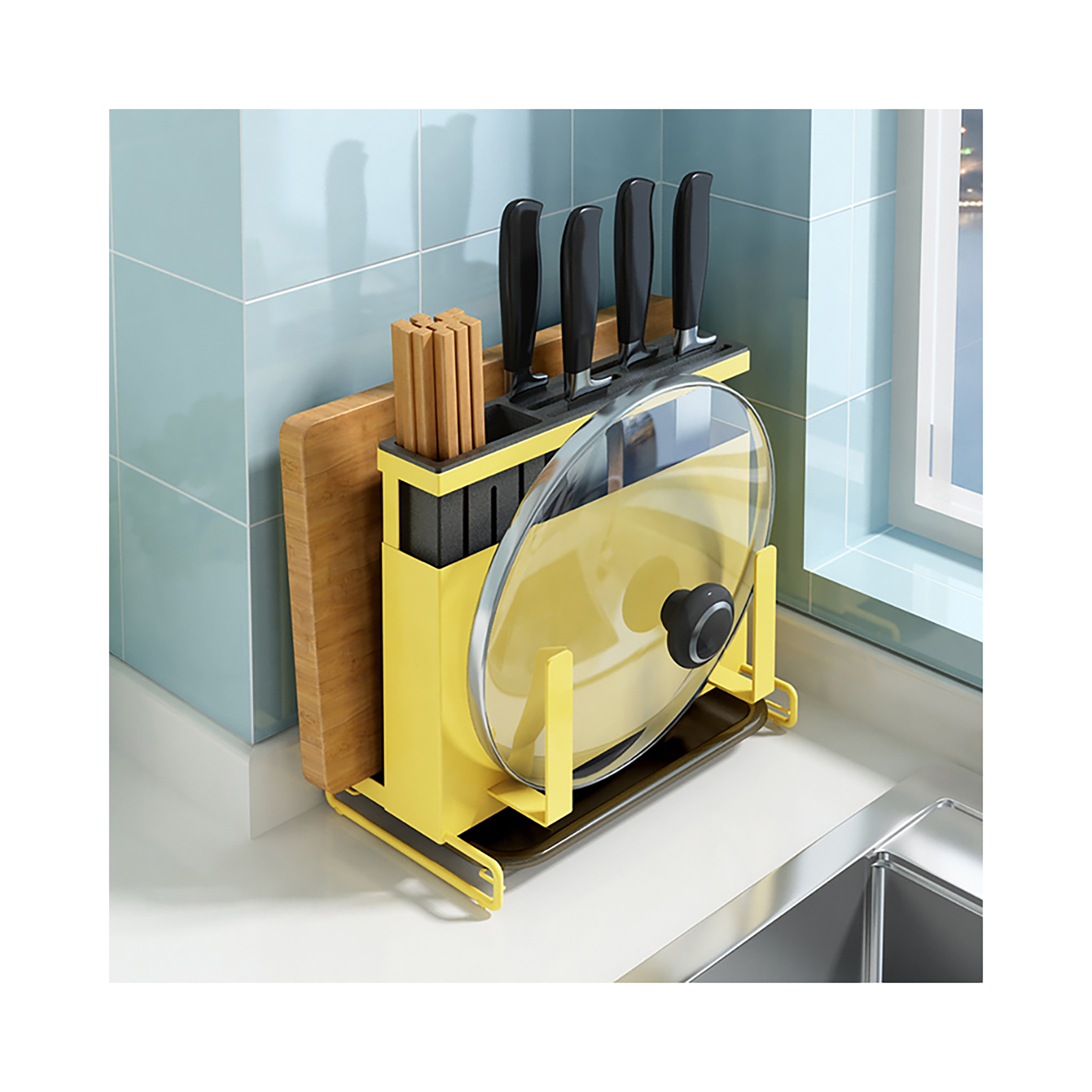 Kitchen Knife Holder Knife Organizer With Detachable Drip Tray Stainless Steel Structure Multifunctional Utensil Organizer