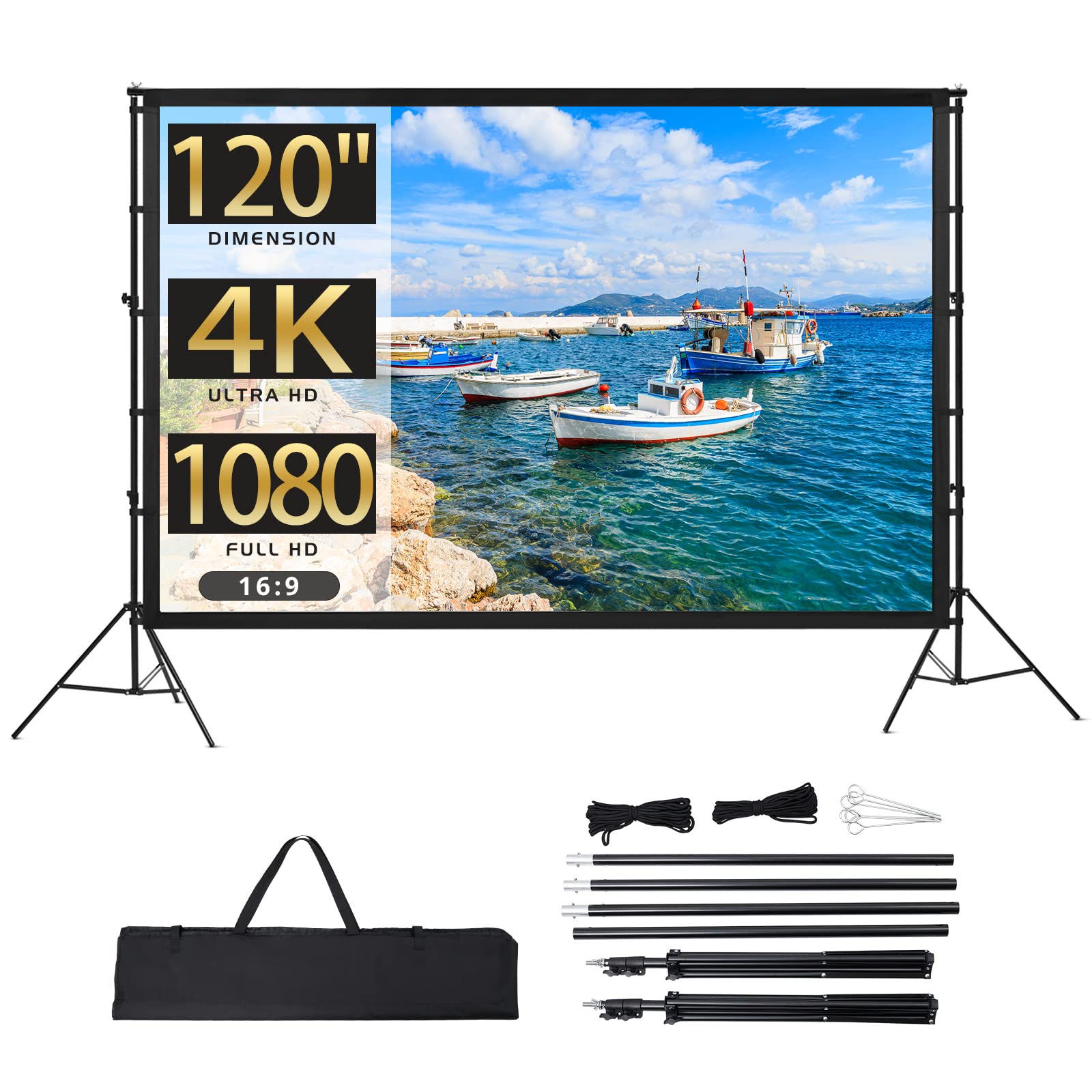 US TOWALLMARK Projector Screen With Stand 120 Inch 16:9 4K HD Rear & Front Projections Movies Screen With Carry Bag