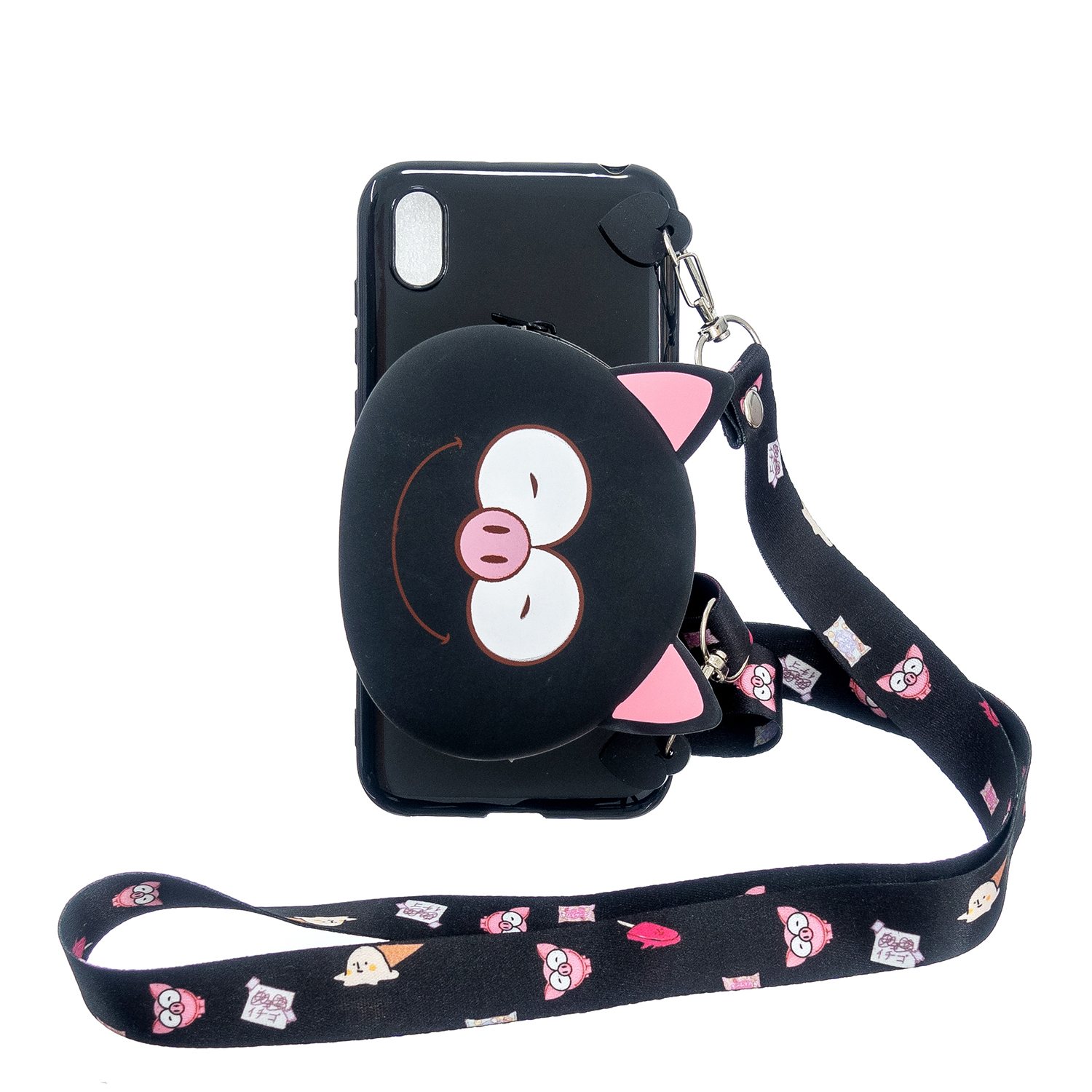 For HUAWEI Y5 2018/Y5 2019 Cellphone Case Mobile Phone Shell Shockproof TPU Cover with Cartoon Cat Pig Panda Coin Purse Lovely Shoulder Starp  Black