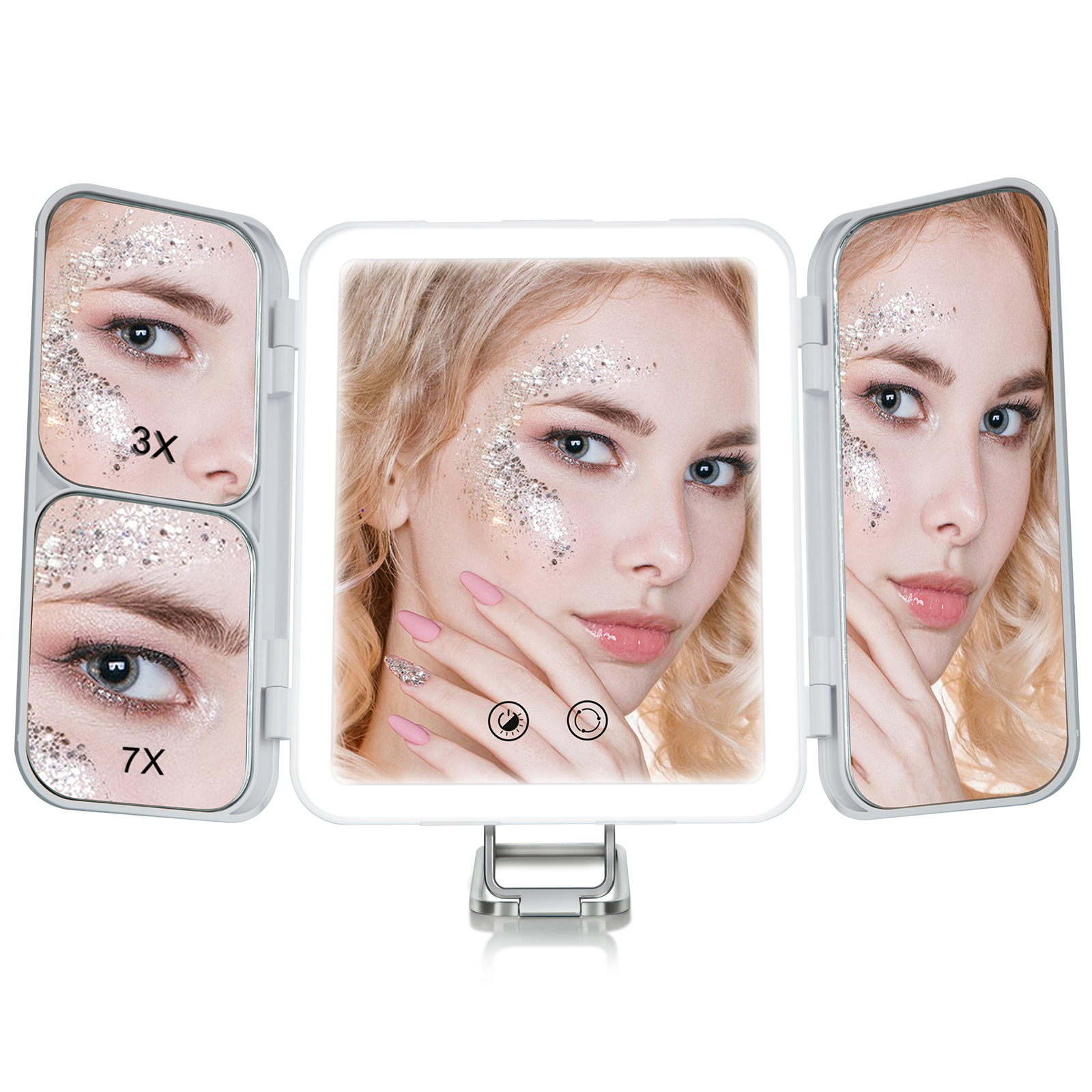 US NUOYA LED Lighted Rechargeable Makeup Mirror 1X/3X/7X Magnification 64 LED Beads & Touch Screen Dimming 180° Adjustable Stand for Countertop Travel Bathroom