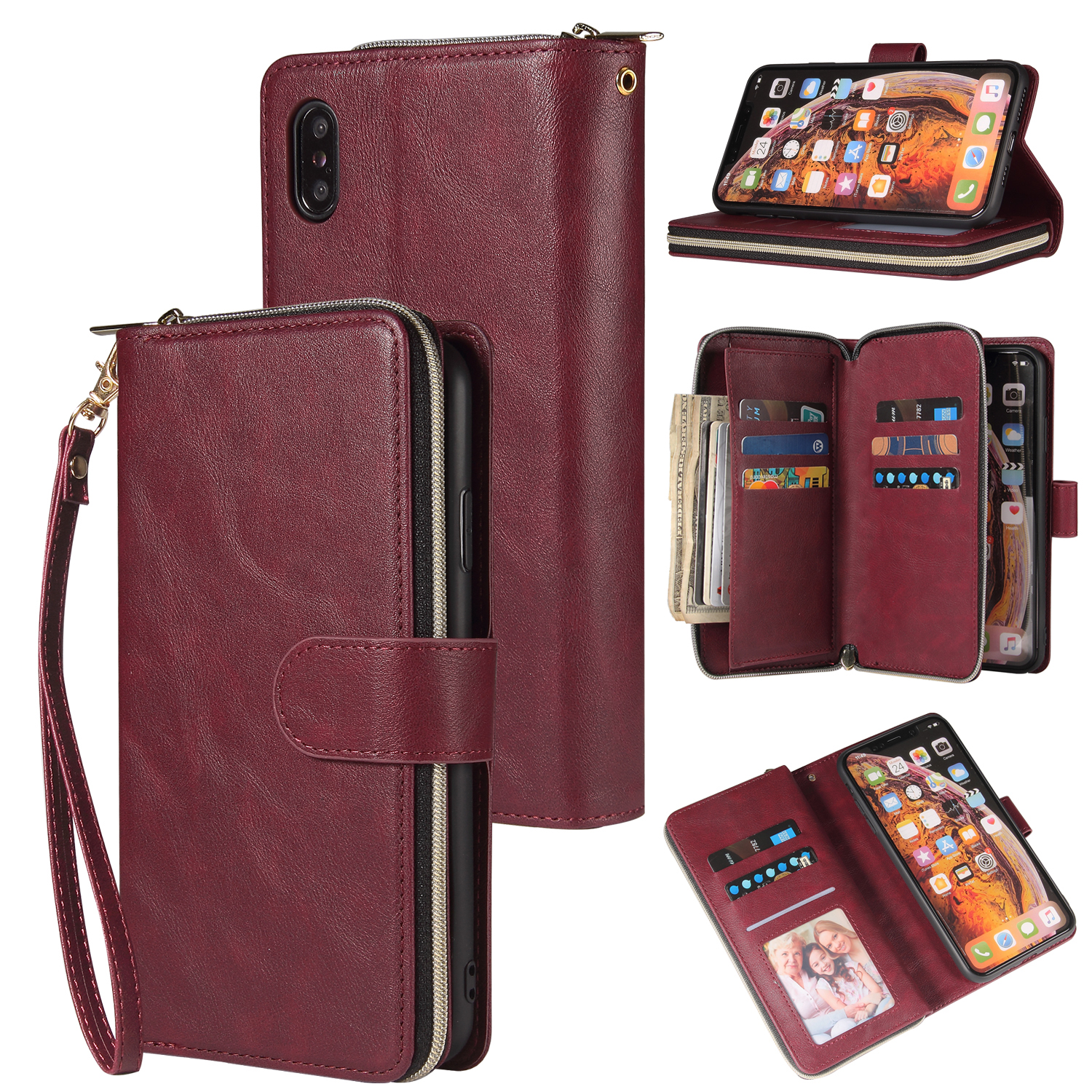 For iphone X/XS/XS MAX/11/11Pro Pu Leather  Mobile Phone Cover Zipper Card Bag + Wrist Strap Red wine