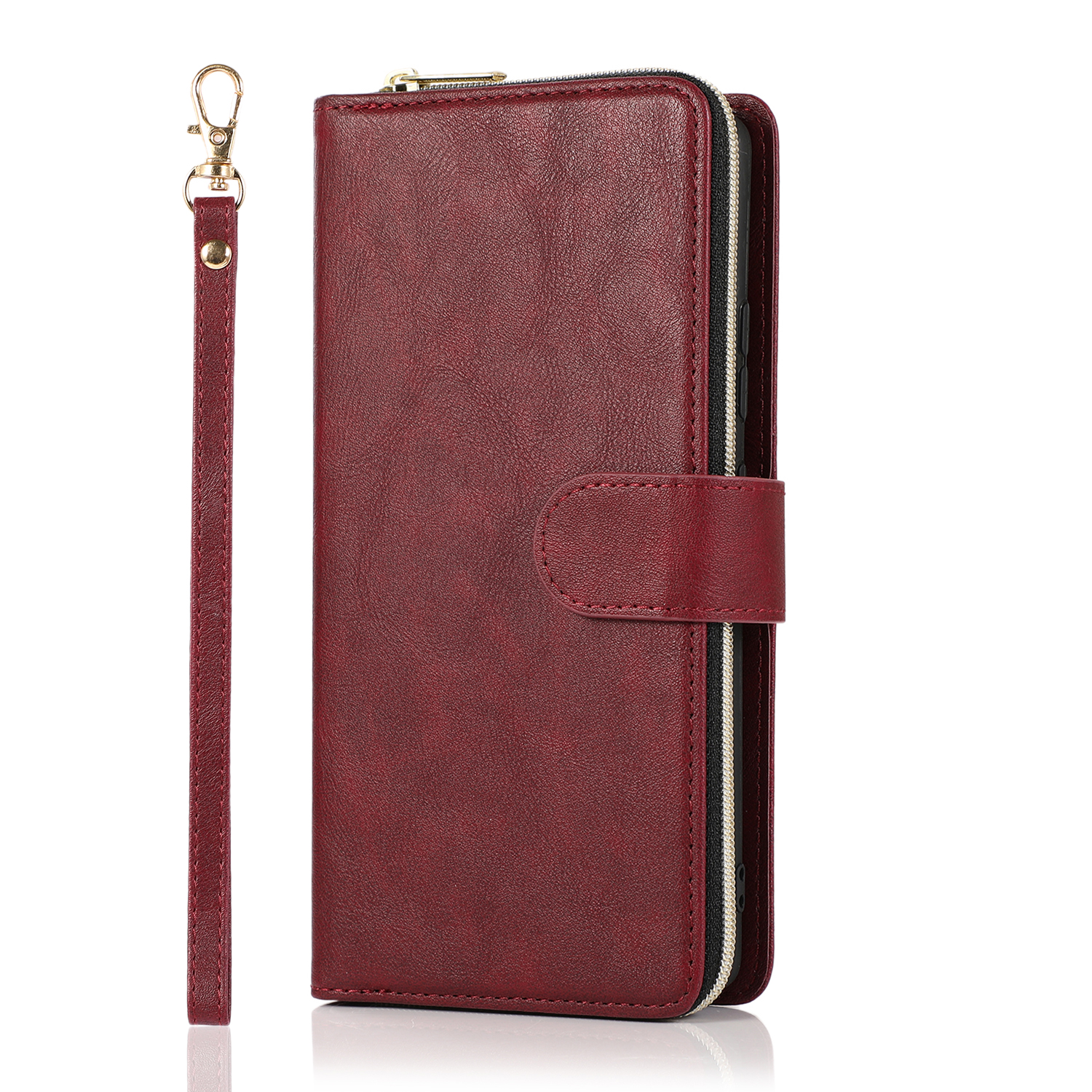 For Samsung A51 5G/A71 5G/Note 10 pro Pu Leather  Mobile Phone Cover Zipper Card Bag + Wrist Strap Red wine