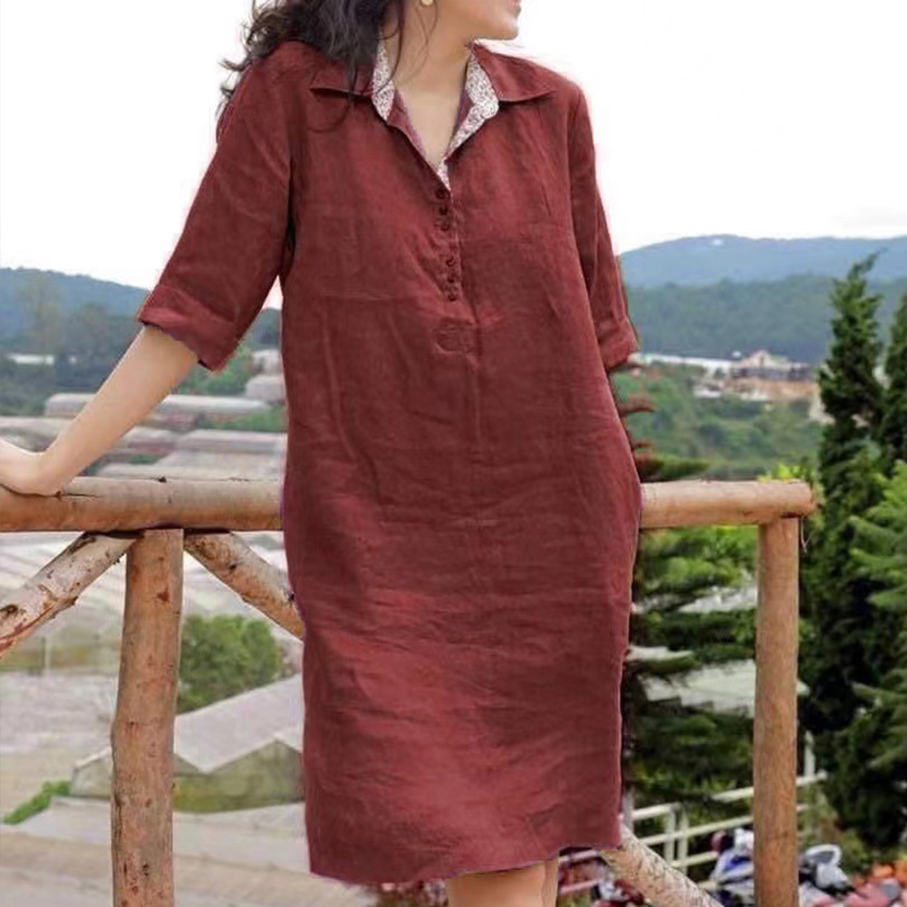 Women Lapel Dress Cotton Linen Elegant Solid Color Loose A-line Skirt Large Size Casual Mid-length Dress wine red XL
