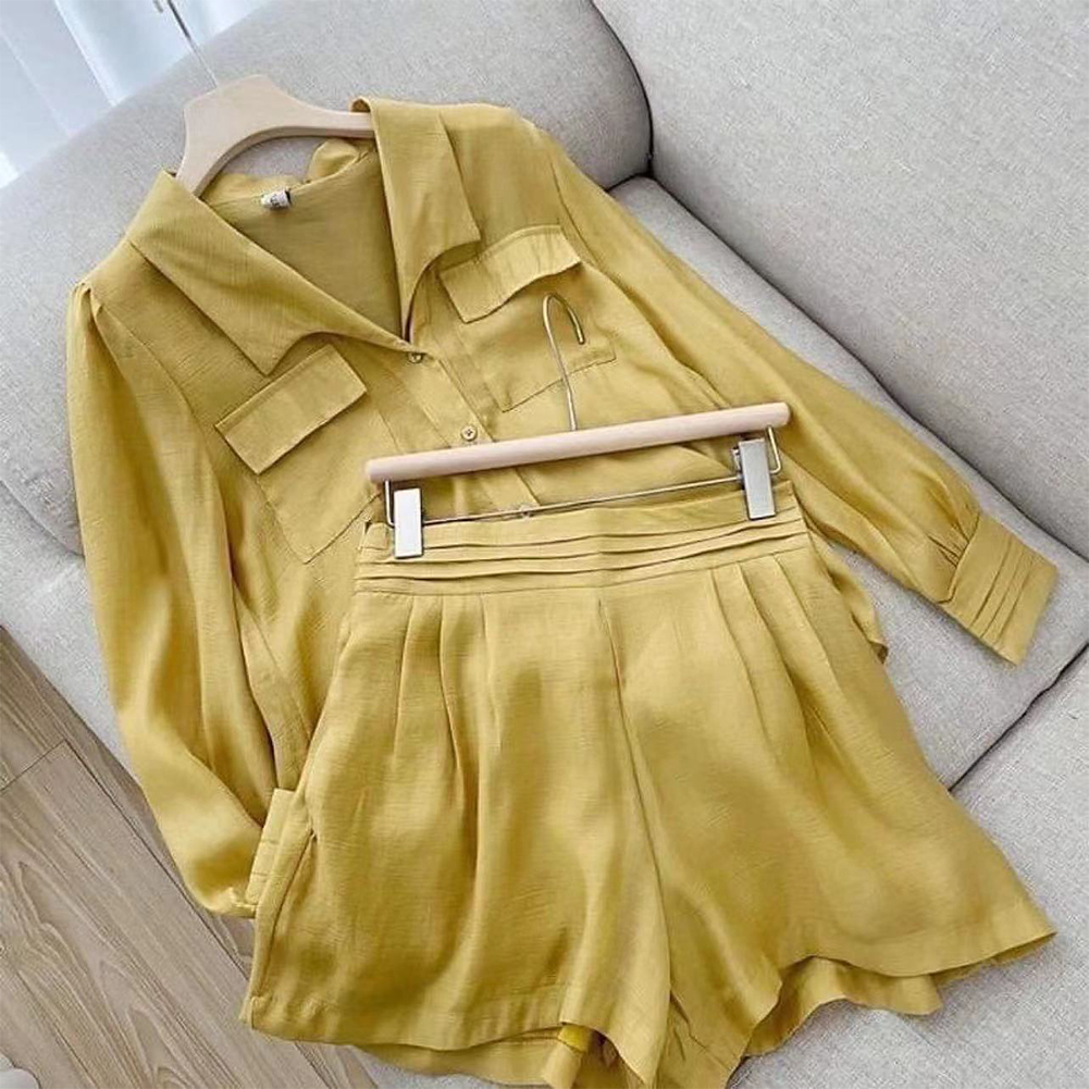 2pcs Women Shirt Shorts Suit Long Sleeves Lapel Shirt Solid Color Shorts Large Size Casual Loose Two-piece Set yellow XL