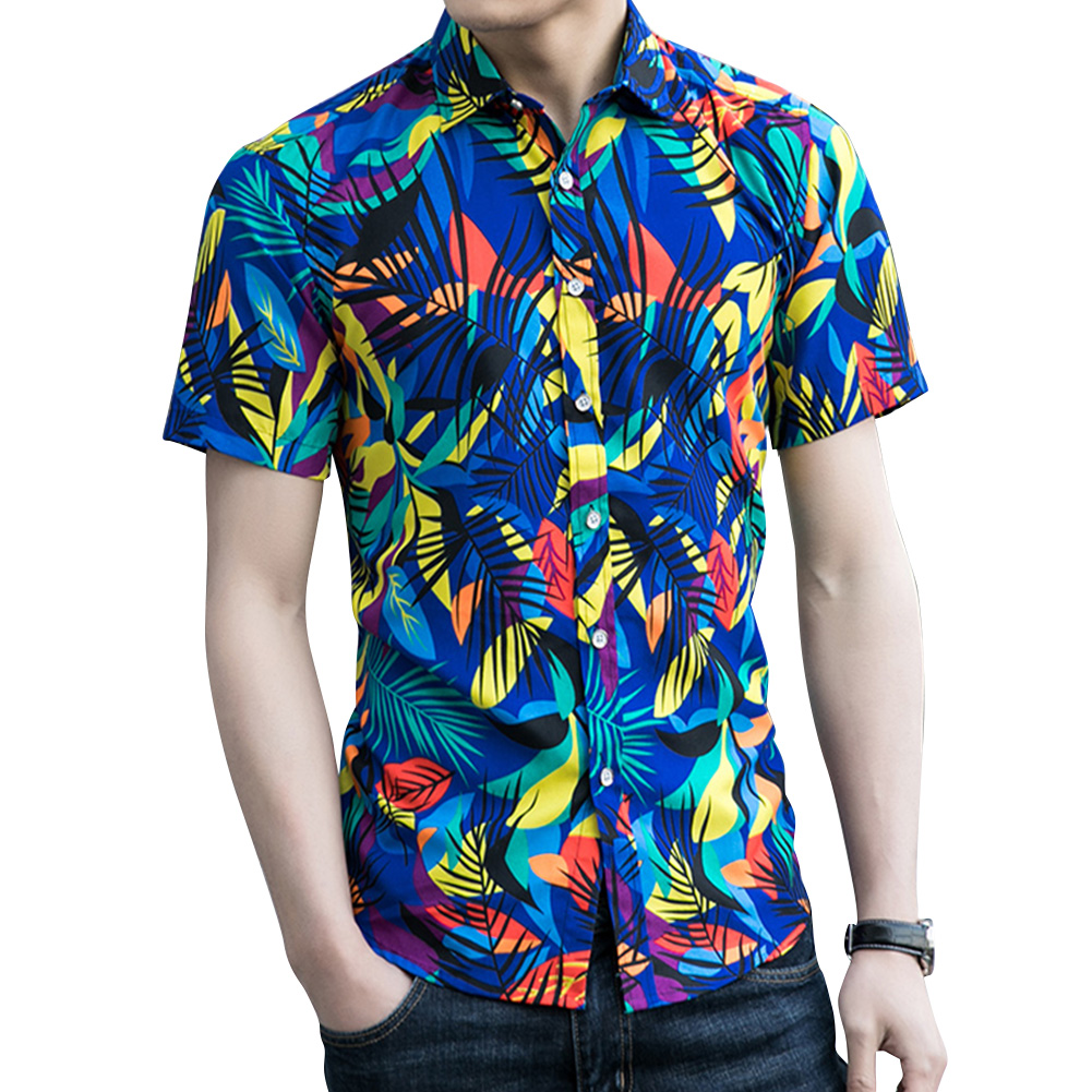 Men Summer Short Sleeves T-shirt Fashion Hawaiian Printing Lapel Tops Casual Large Size Beach Shirts blue M