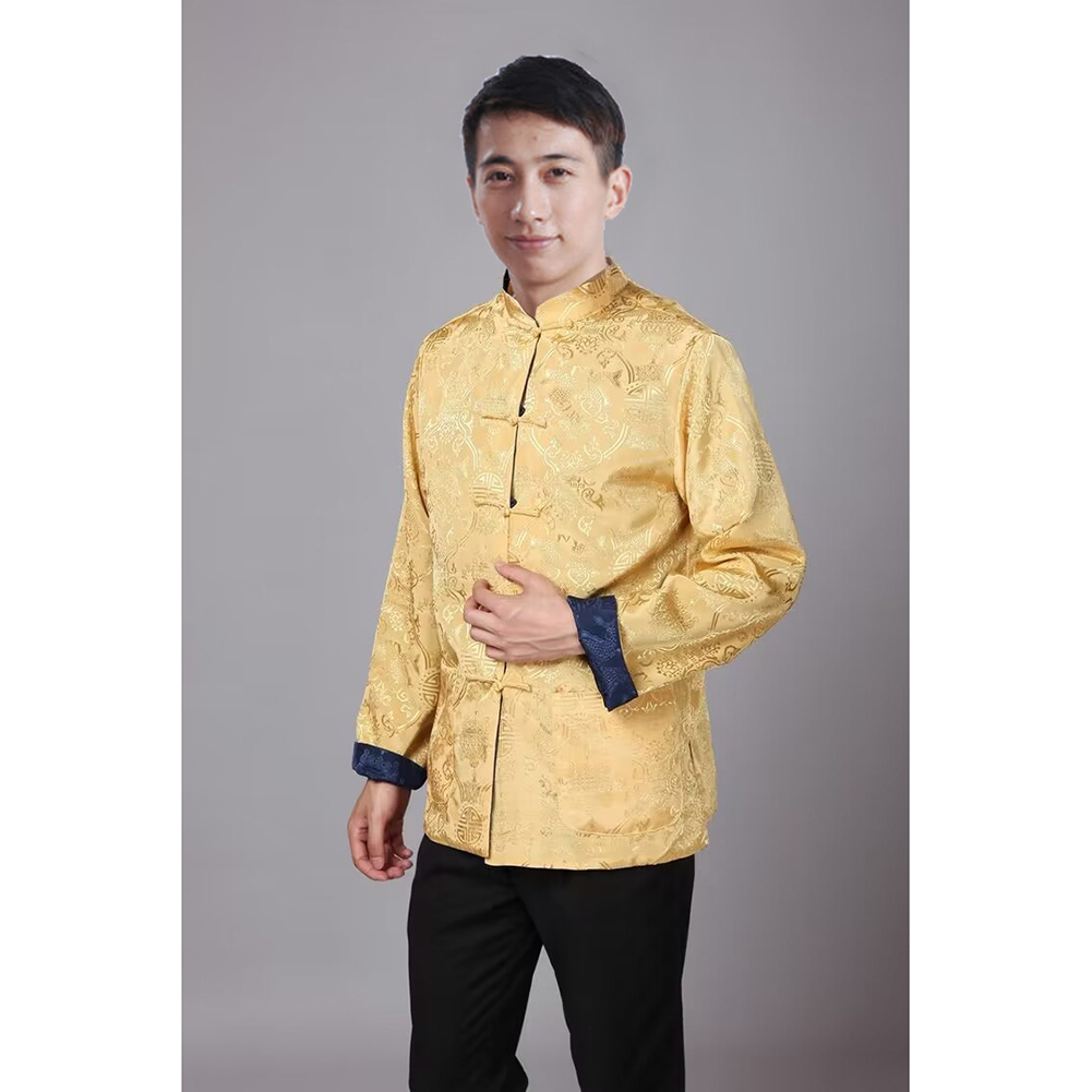Tang-suit For Men Chinese Traditional Satin Hanfu Tops Long Sleeves Cardigan Single-breasted Performance Jacket blue and gold L