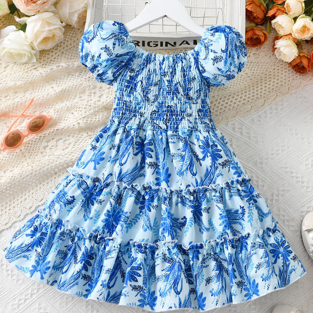 Summer Short Sleeves Dress For Girls Elegant Printing Fashion Ruffled A-line Skirt Casual Breathable Dress As shown 8-9Y 130cm